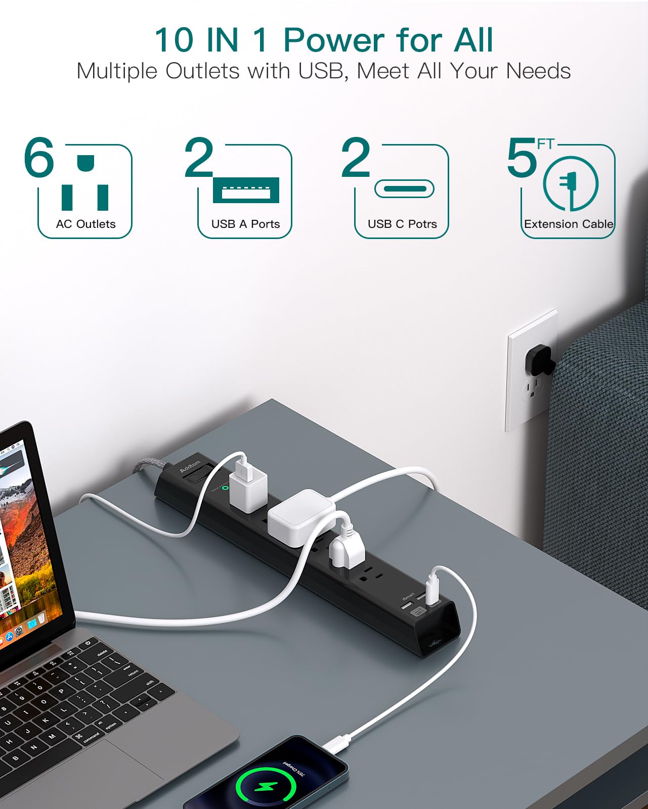 Addtam enchufe plano junto a pared para ahorrar espacio detrás de muebles
