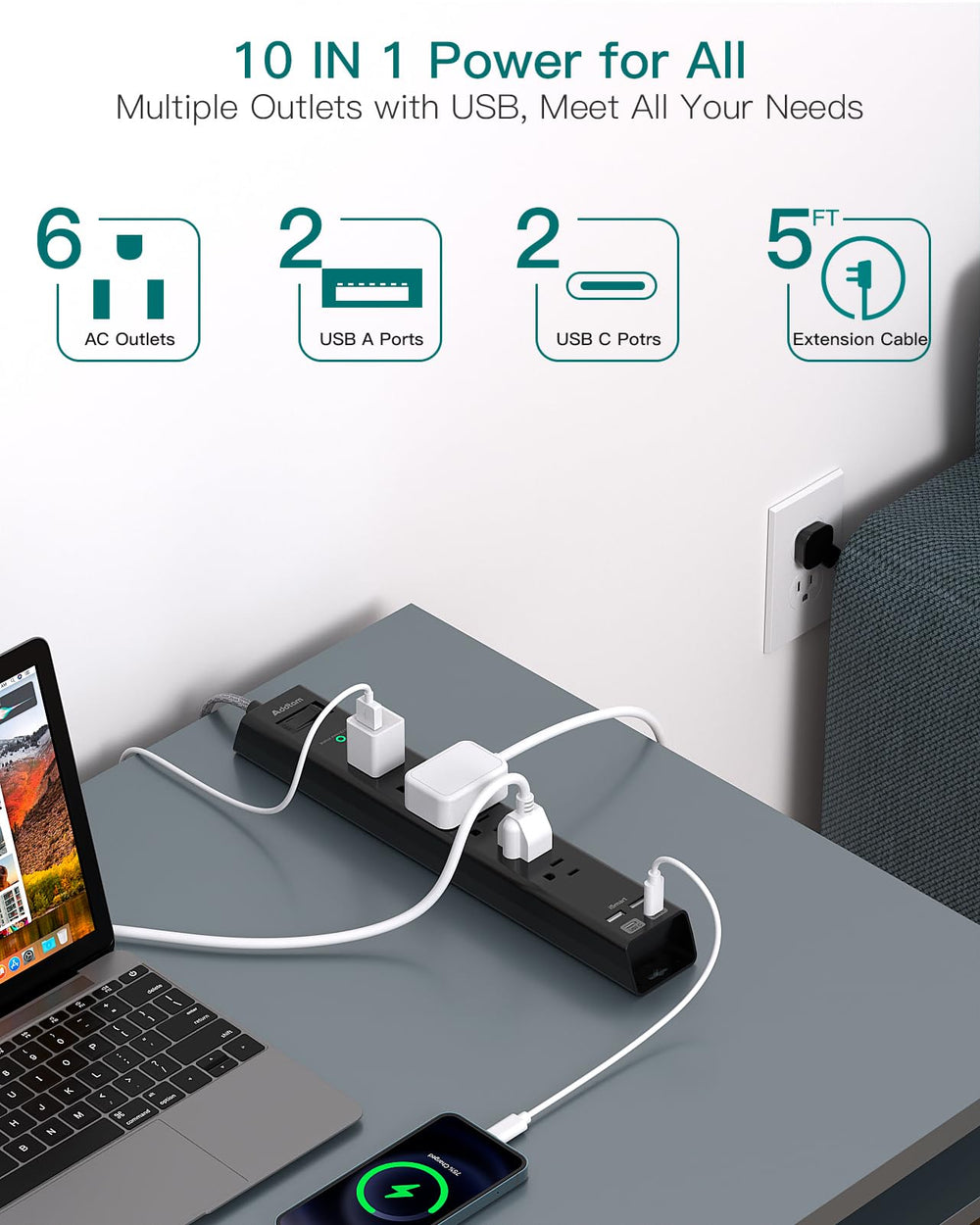 Addtam enchufe plano junto a pared para ahorrar espacio detrás de muebles