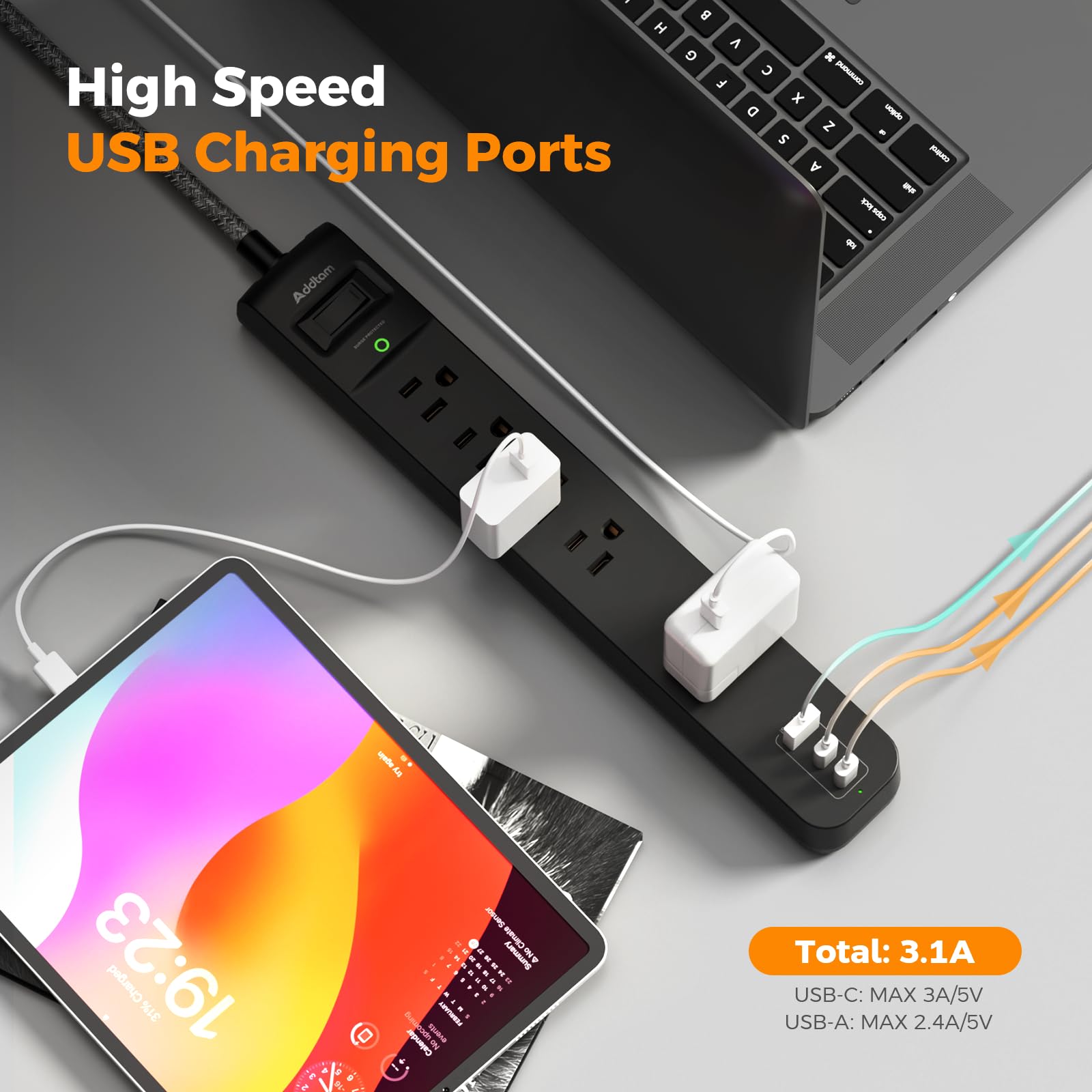 Addtam enfoque en puertos USB con carga inteligente, beneficio carga rápida y segura