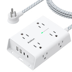 Addtam vista frontal con 8 tomas y 4 puertos USB para organización eficiente