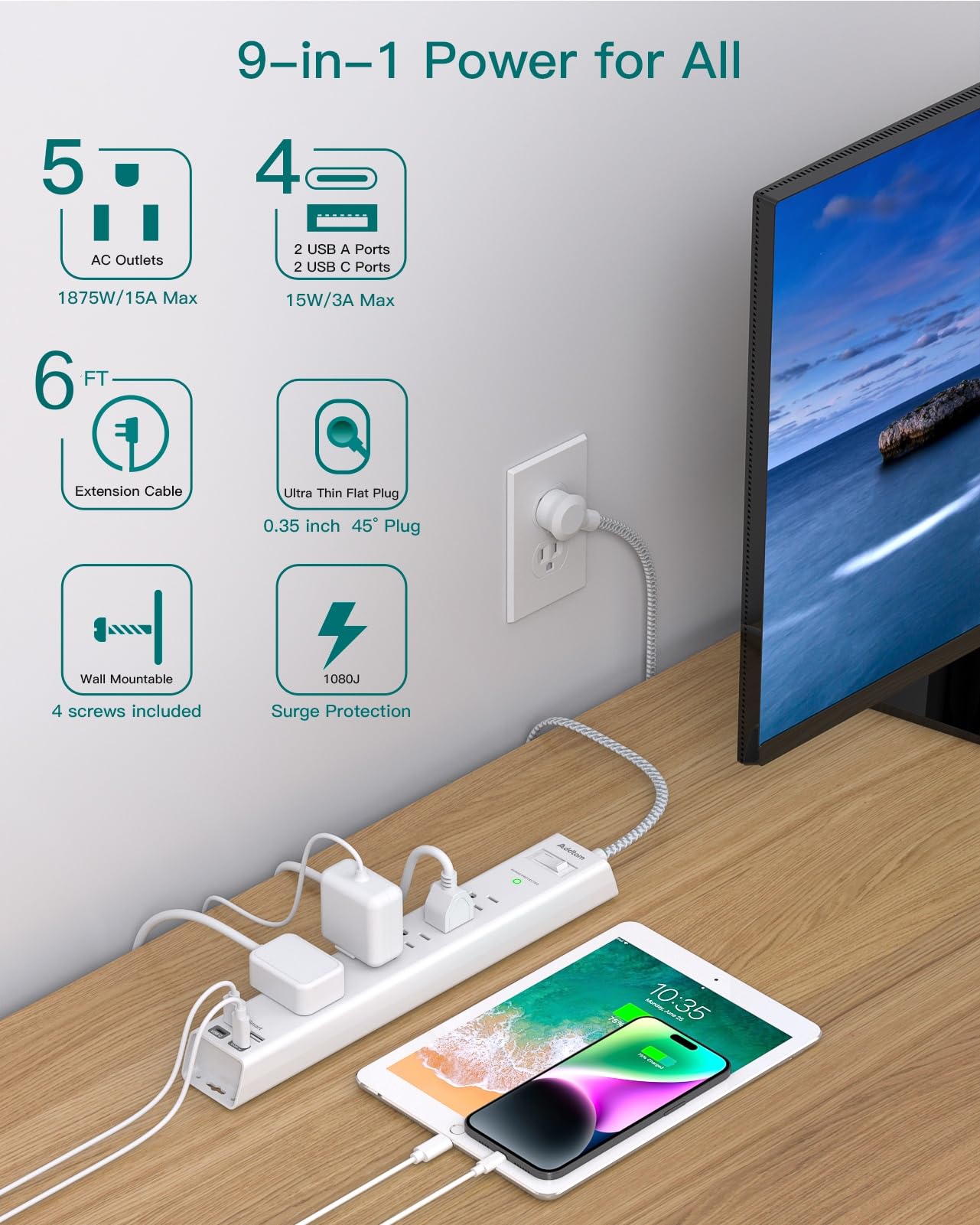 Addtam detailed view of four USB ports delivering smart charging for multiple devices