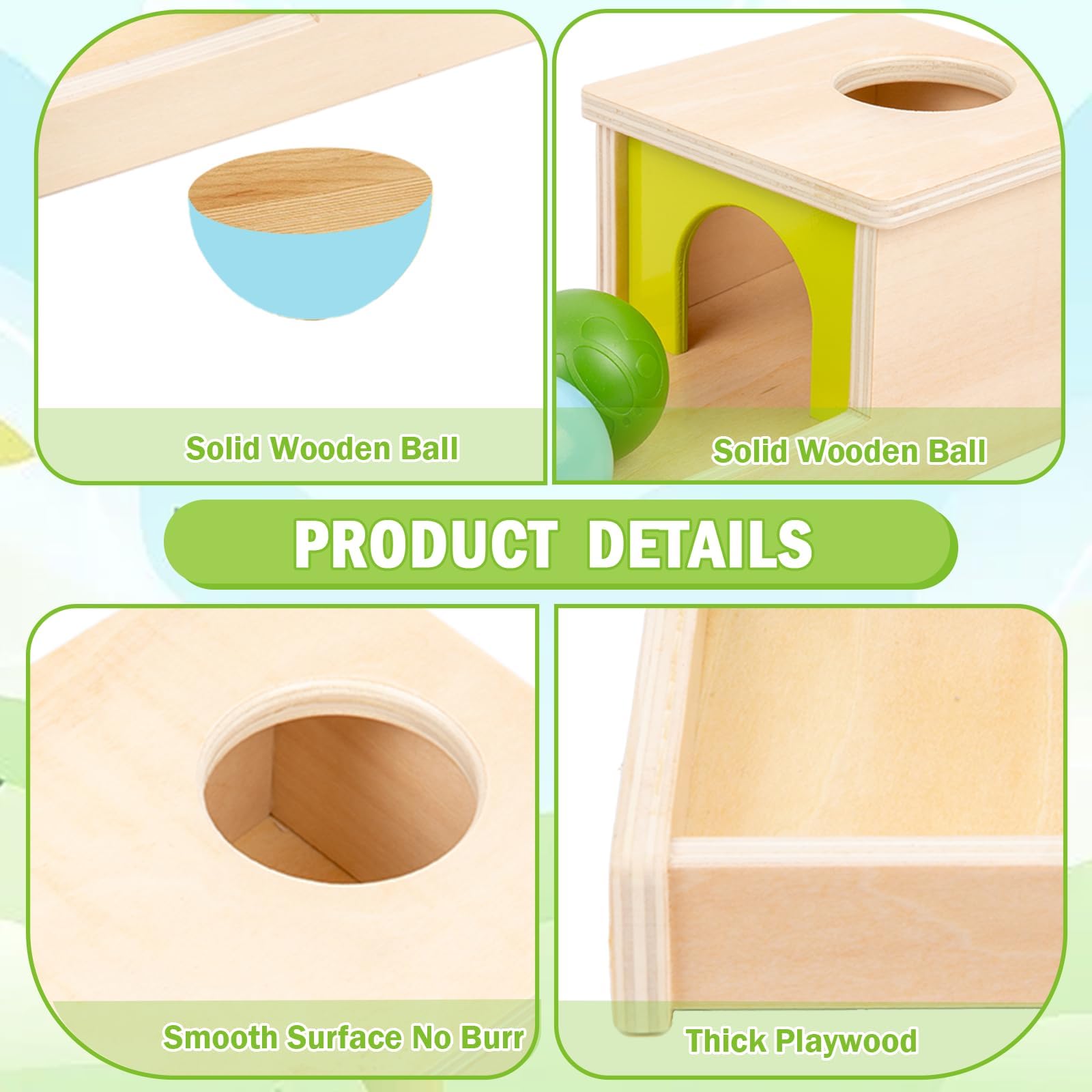 Adena Montessori primer plano madera pulida de la pelota, ofrece tacto natural