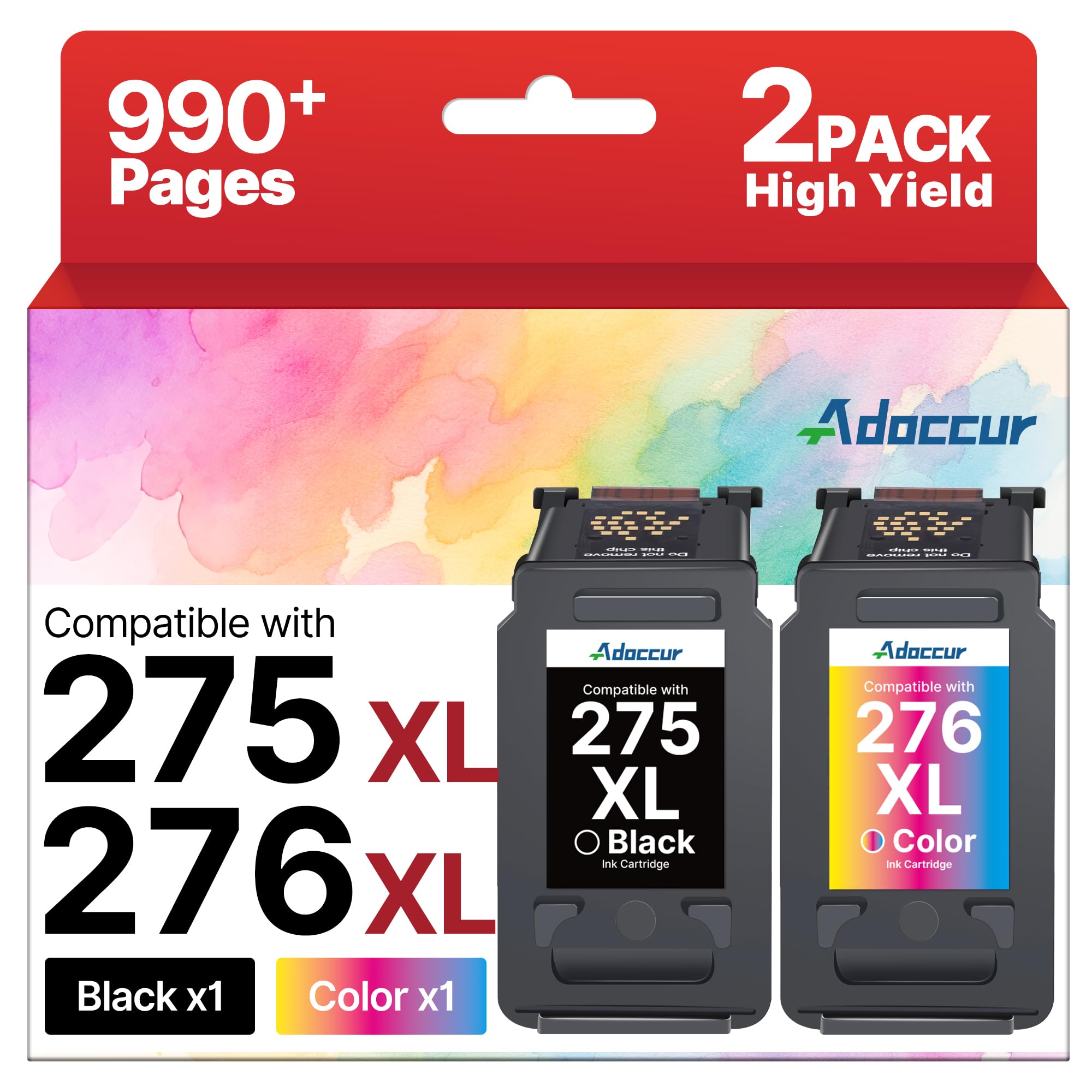 Adoccur pack frontal mostrando cartuchos 275XL y 276XL y beneficios de ahorro