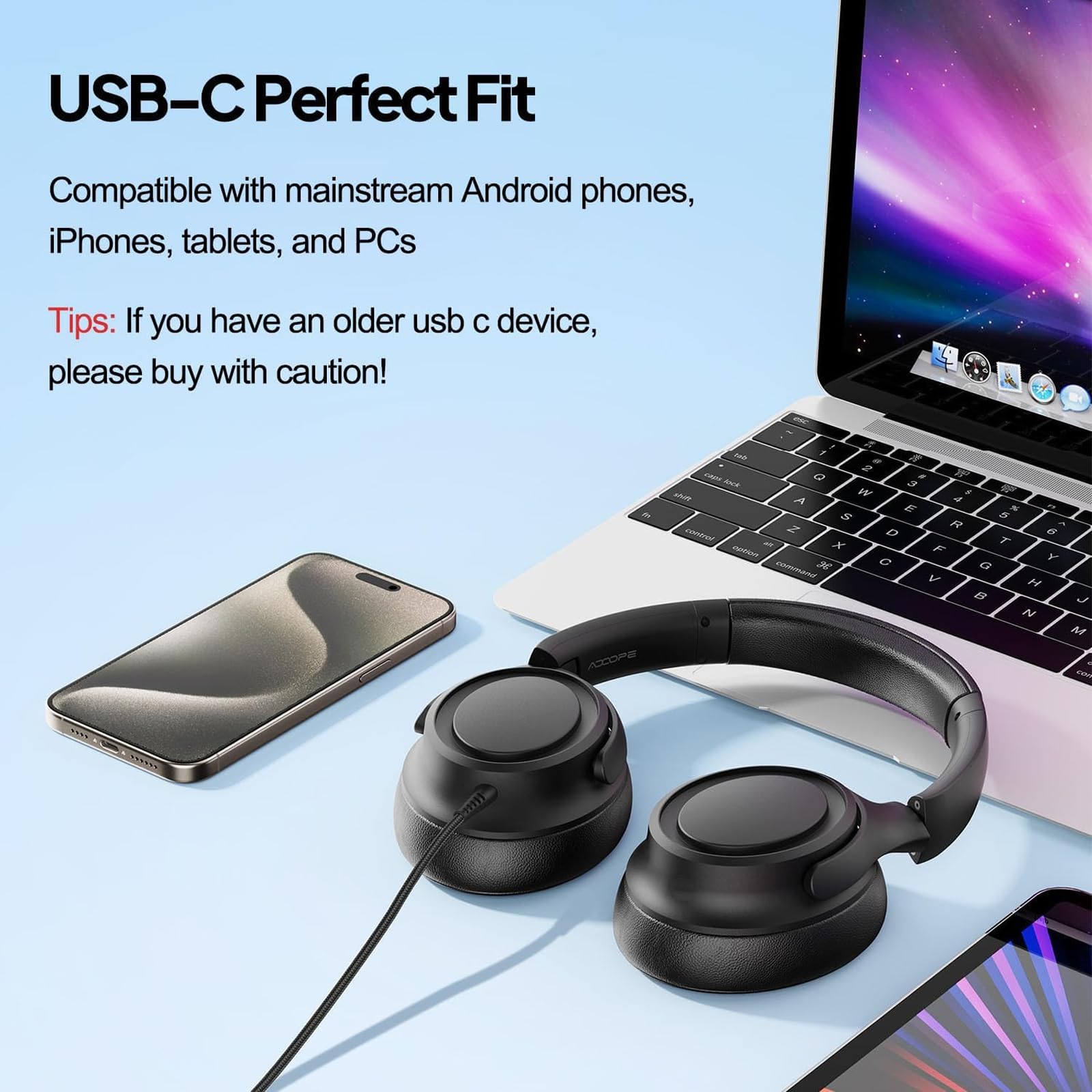 ADOOPE auriculares en uso con portátil para llamadas sin latencia