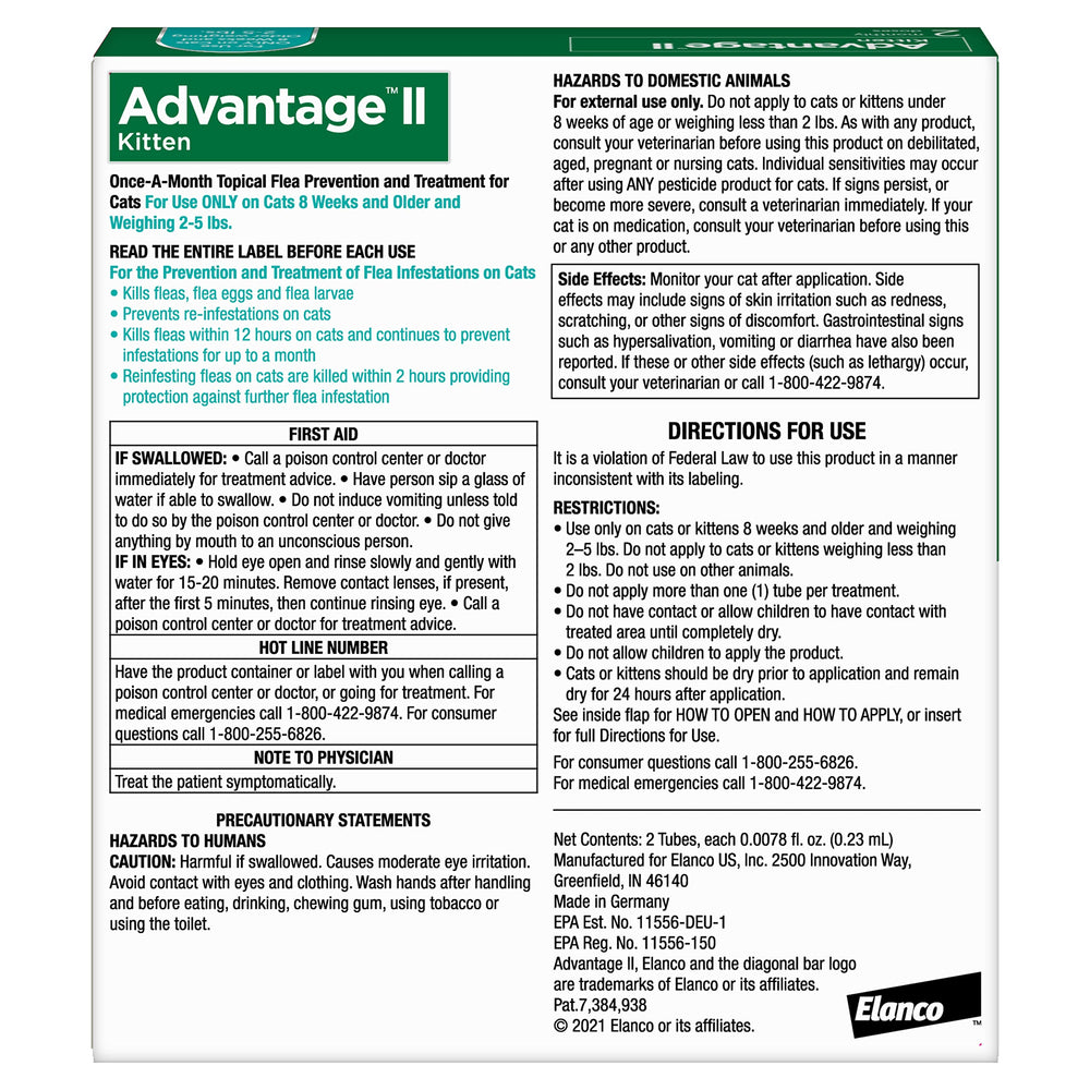 Advantage tubo y etiqueta que muestran la dosificación segura para gatitos