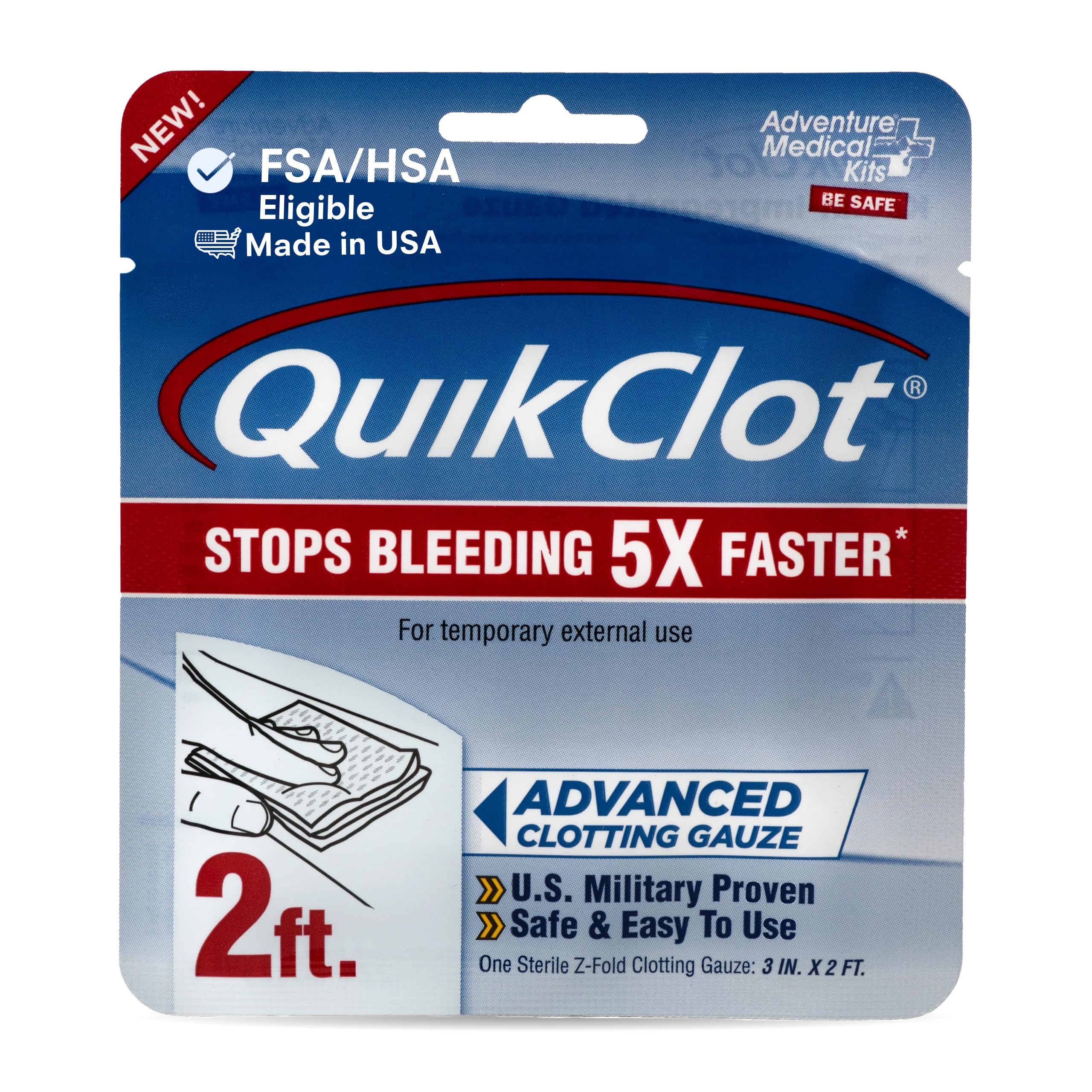 Adventure Medical Kits gasa QuikClot vista frontal, vendaje listo para kit