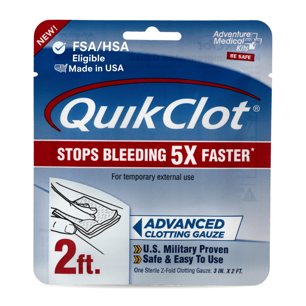 Adventure Medical Kits gasa QuikClot vista frontal, vendaje listo para kit