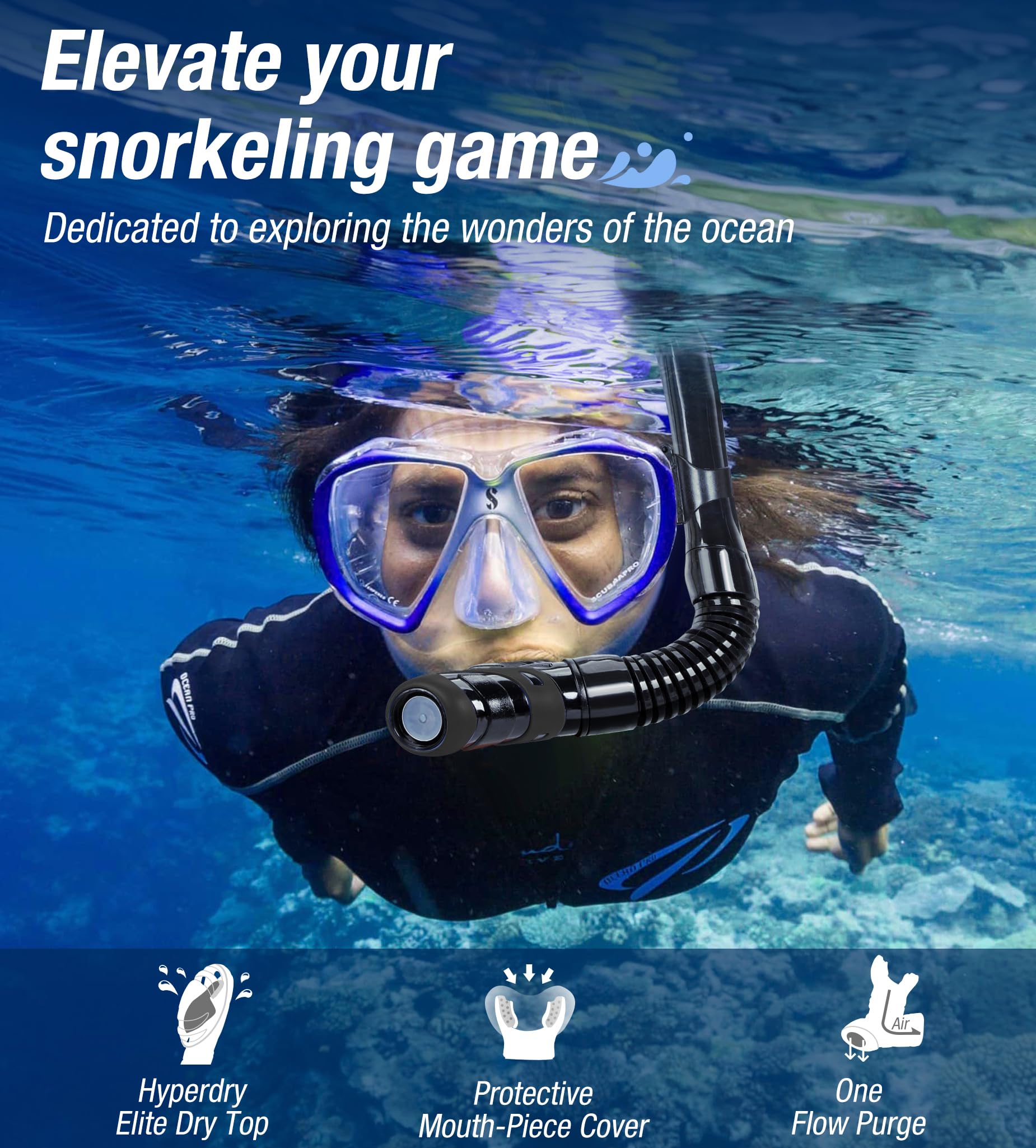 Aegend snorkel fijado en una máscara mostrando ajuste rápido y estabilidad