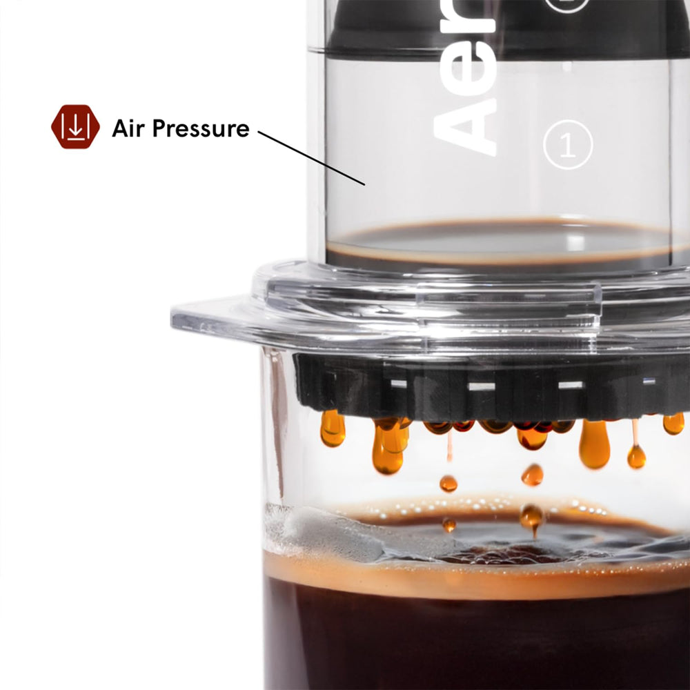 AeroPress filtro junto a una taza servida, ventaja de cero granos en bebida