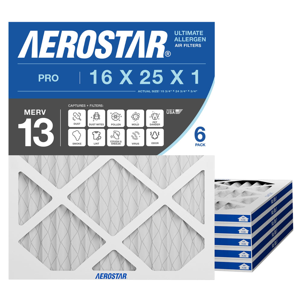 Aerostar empaque frontal pack de 6 mostrando dimensiones y beneficio de filtración