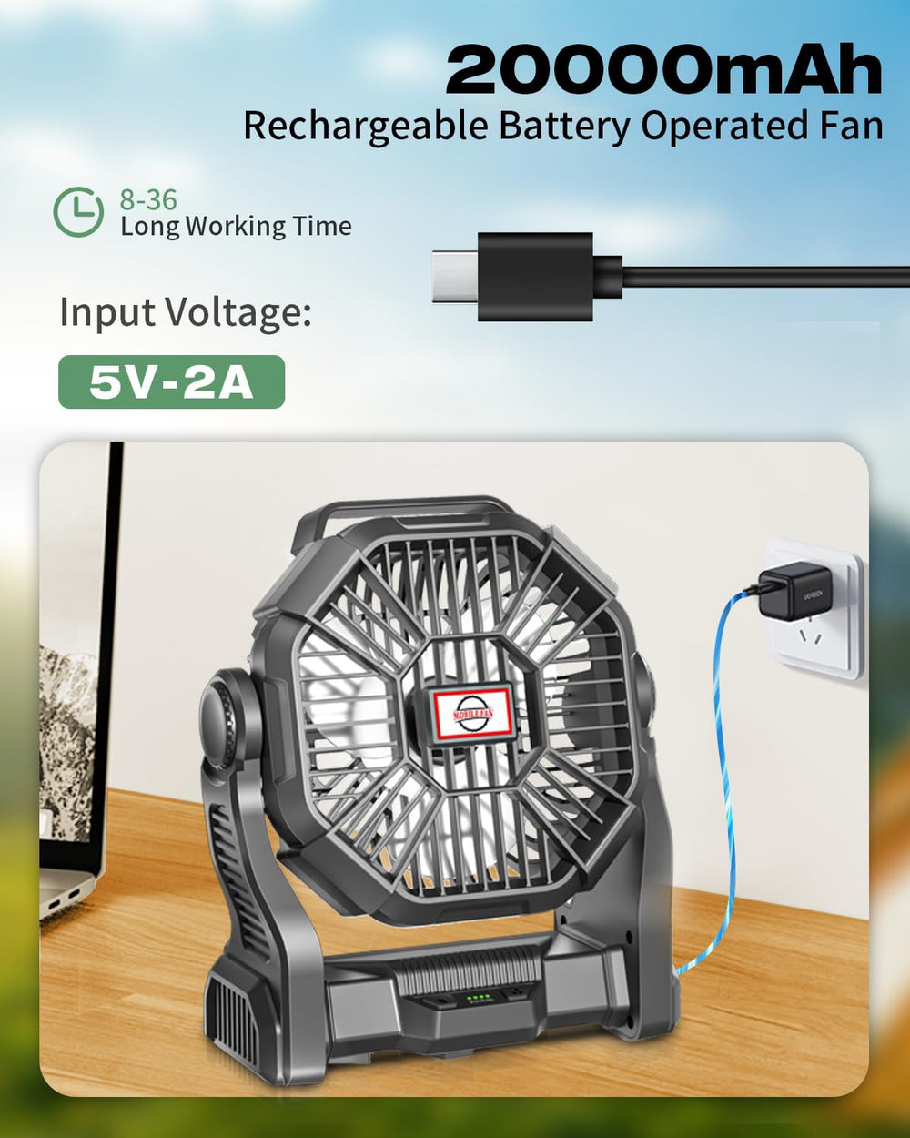 AEscod ventilador colgado en tienda de campaña ofreciendo ventilación y luz