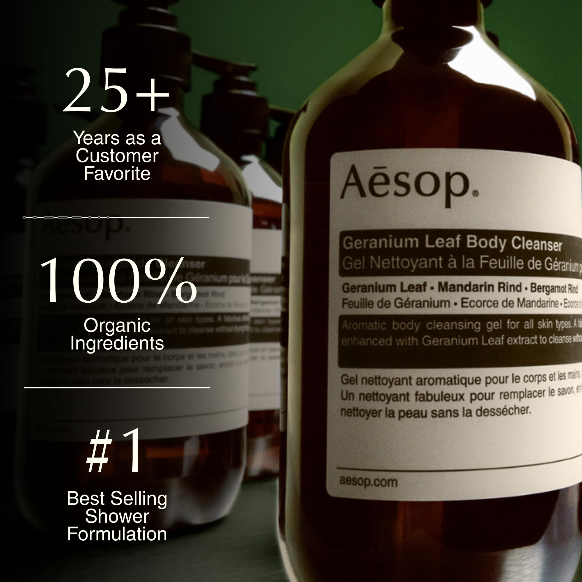 Aesop botella 500 ml en escala con mano para mostrar tamaño práctico