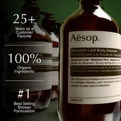 Aesop botella 500 ml en escala con mano para mostrar tamaño práctico
