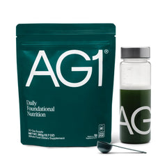 AG1 envase frontal mostrando el diseño y la marca, beneficio de identidad clara