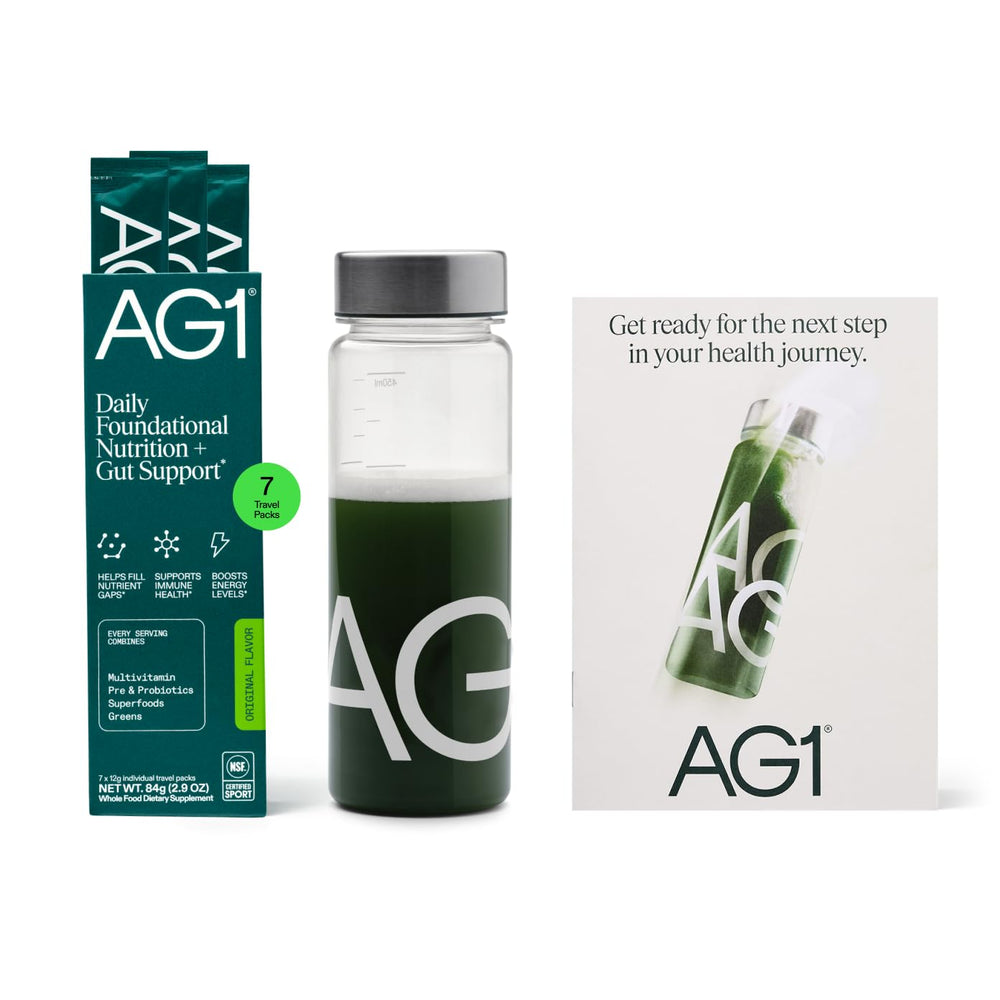 AG1 packaging delantera mostrando la marca y formato travel