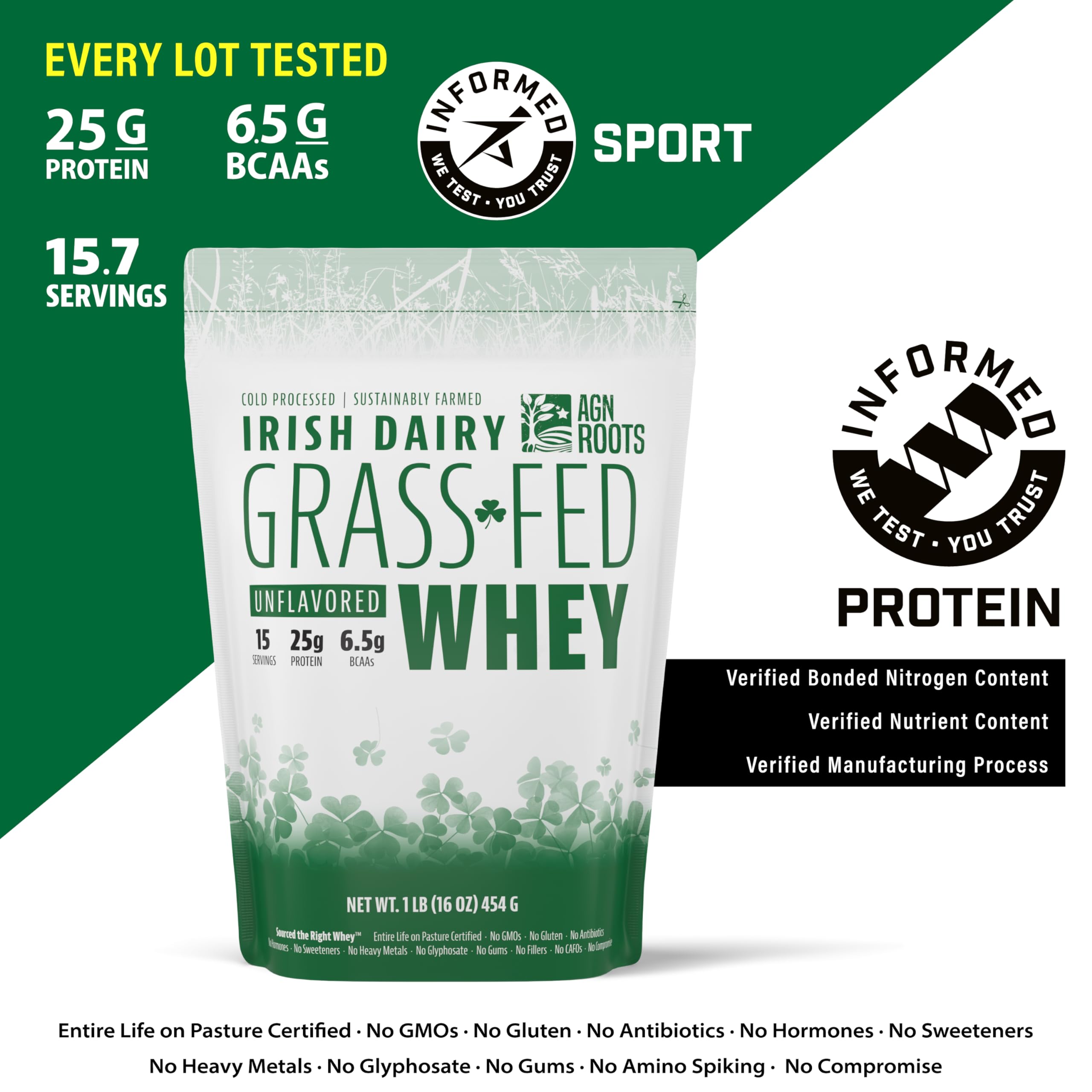 AGN Roots etiqueta con certificaciones A Greener World e Informed‑Sport como garantía