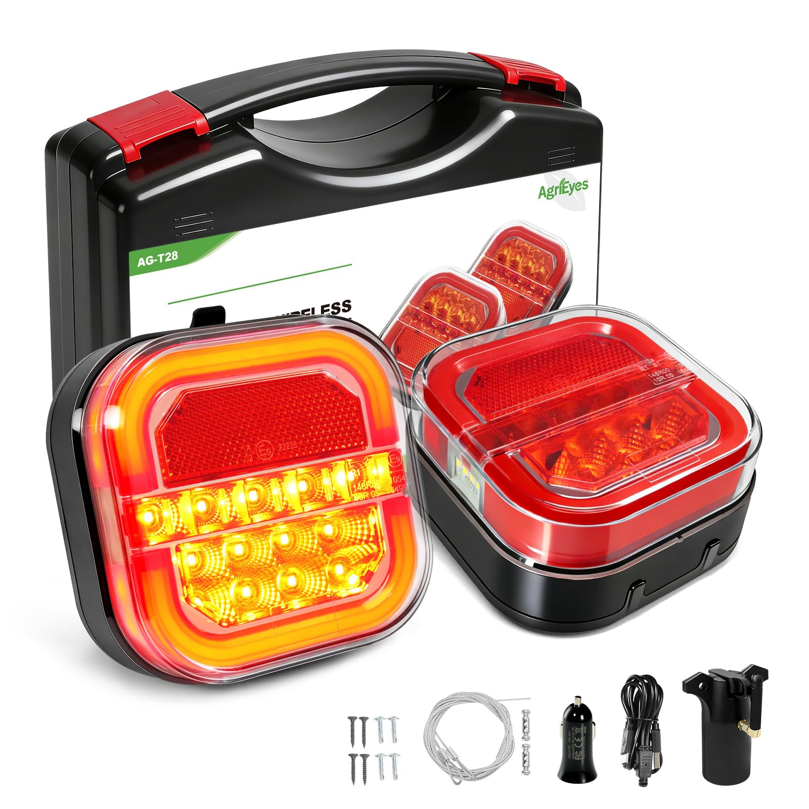 Agrieyes vista frontal del kit con luces magnéticas y estuche, facilita instalación rápida