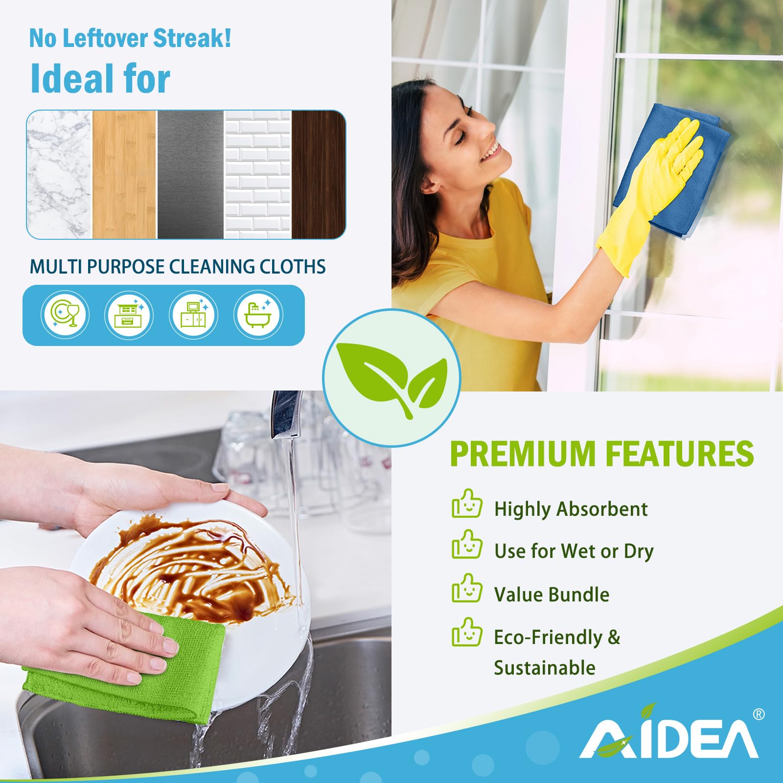 AIDEA paño junto a mano muestra tamaño práctico de 12x12 pulgadas