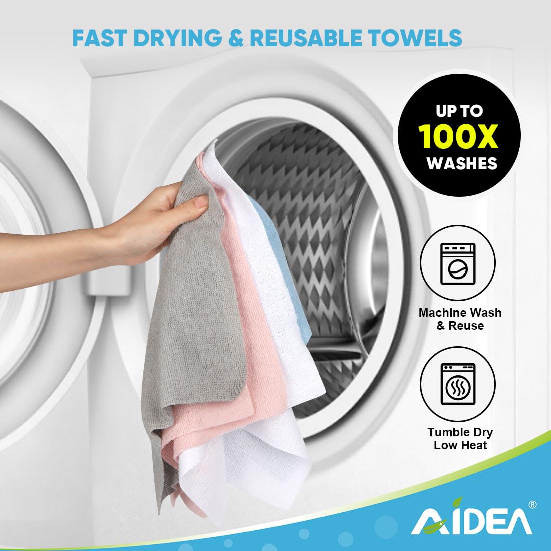 AIDEA etiqueta y material resaltando composición duradera y reutilizable