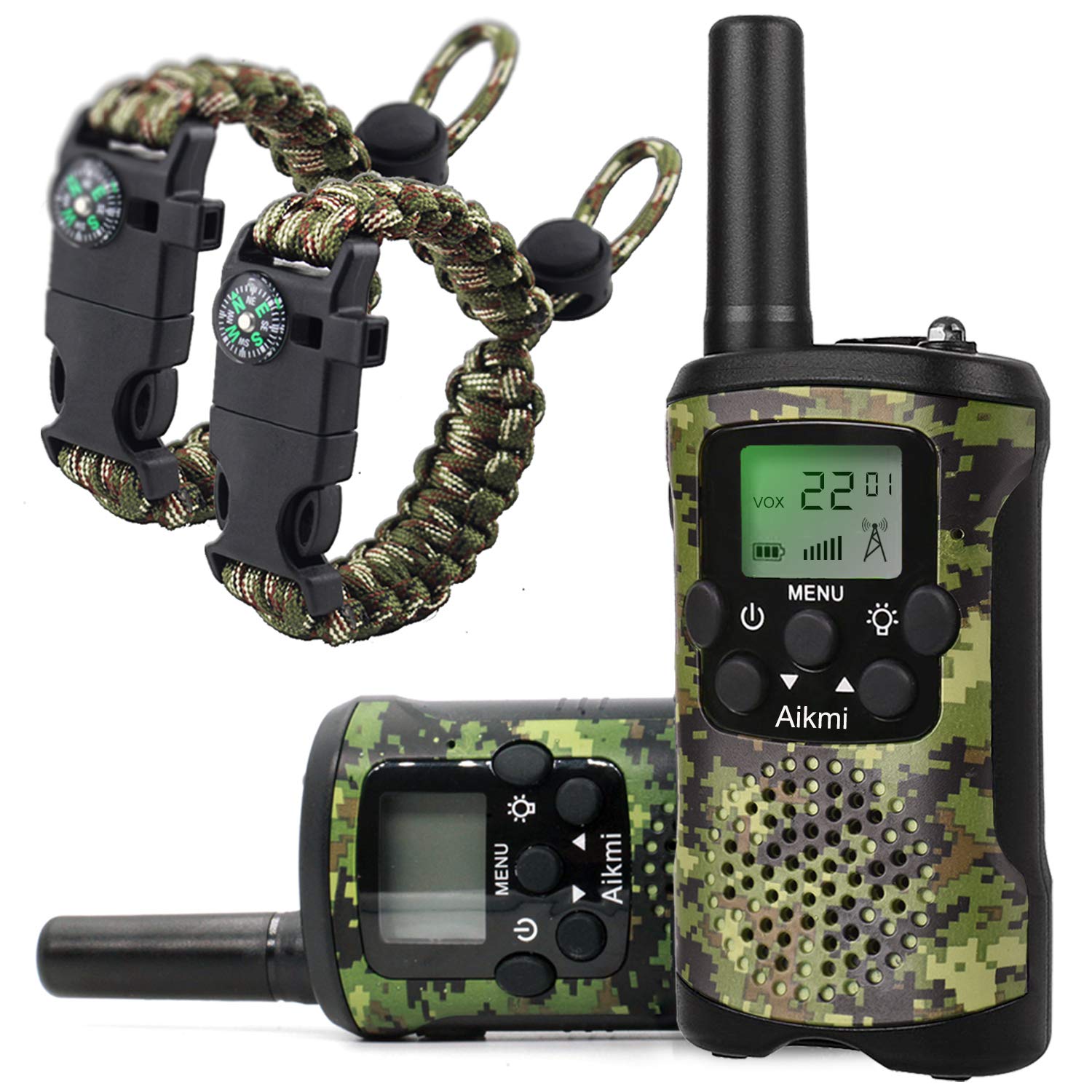 Aikmi frontal del pack con dos walkie talkies mostrando accesorios y beneficios de regalo