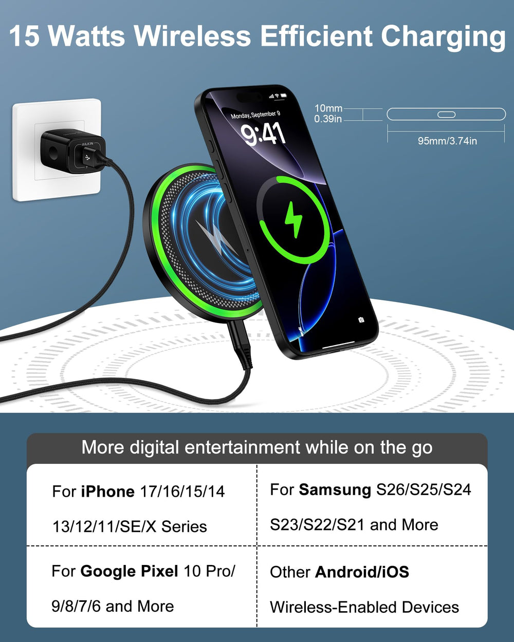 AILKIN cargador en uso sobre mesita mostrando comodidad para carga nocturna