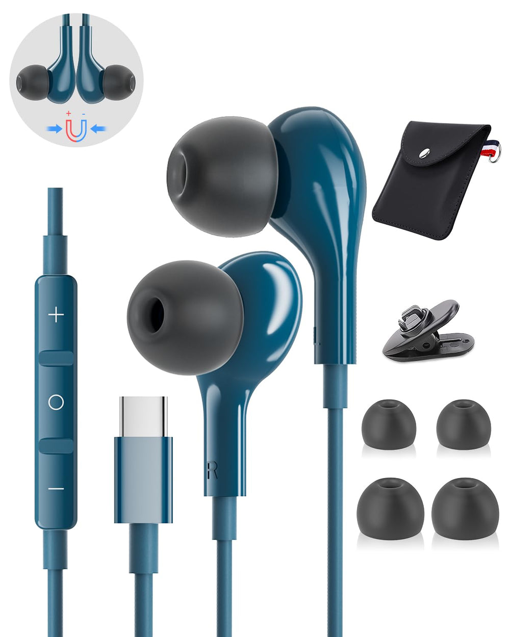 AILZPXX vista frontal de auriculares USB-C con conector y cable resistente