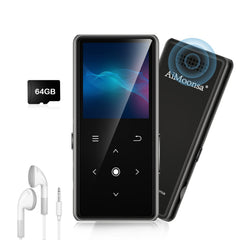 AiMoonsa vista frontal del reproductor con pantalla y botones, portable y práctico