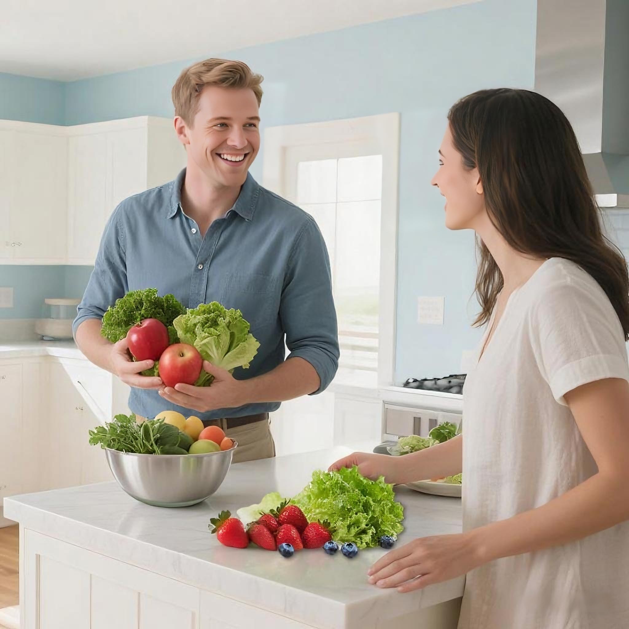 Ainmvnos producto en cocina con ensalada, resultado listo para servir