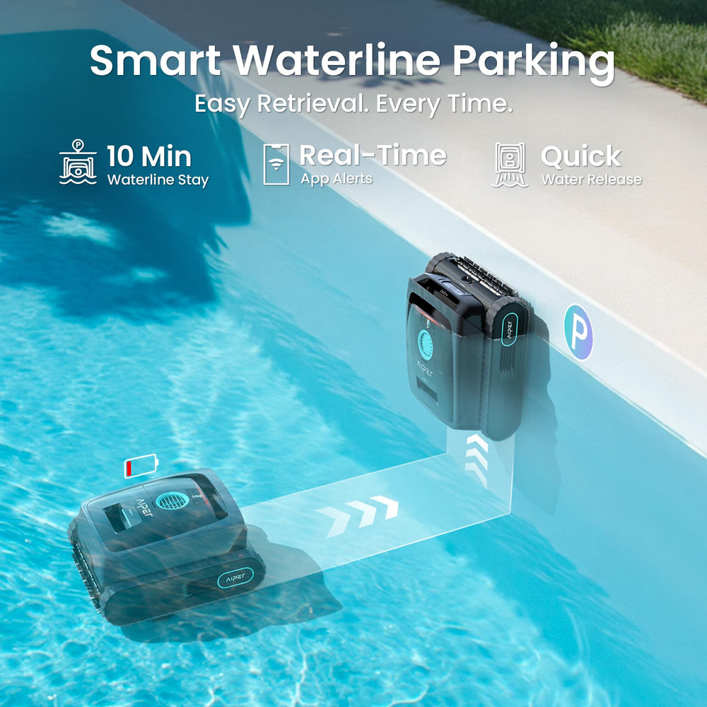 AIPER Scuba V3 at pool waterline ready for effortless retrieval and pickup