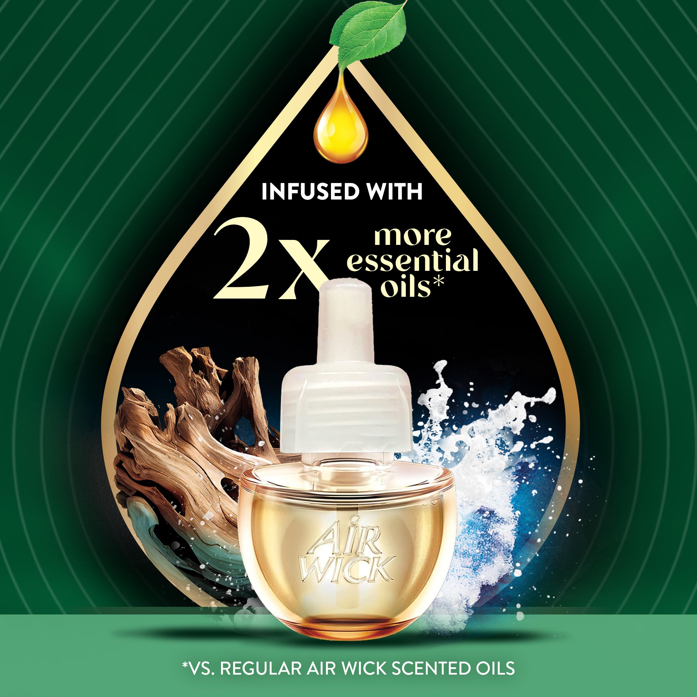 Air Wick etiqueta Deep Blue Sea y Beech Wood destacando mezcla marina y amaderada