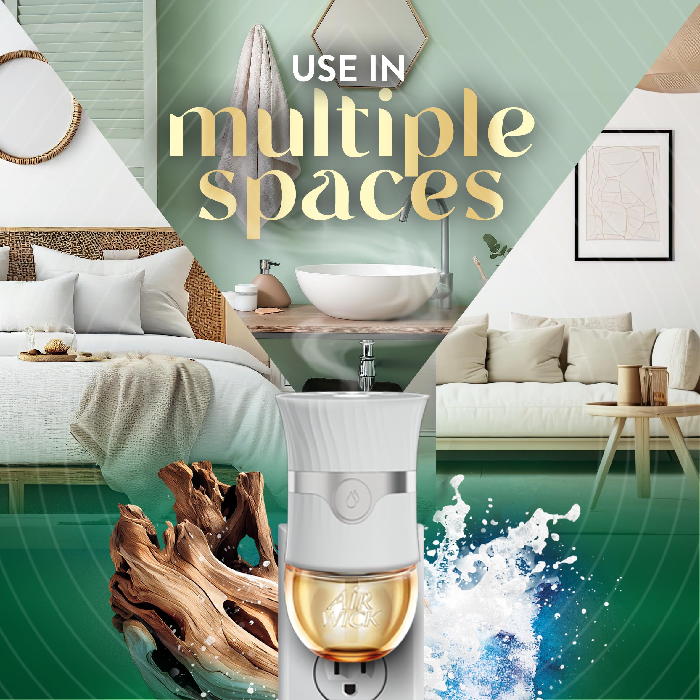 Air Wick recambio junto a una taza para comparar tamaño y facilidad de almacenamiento
