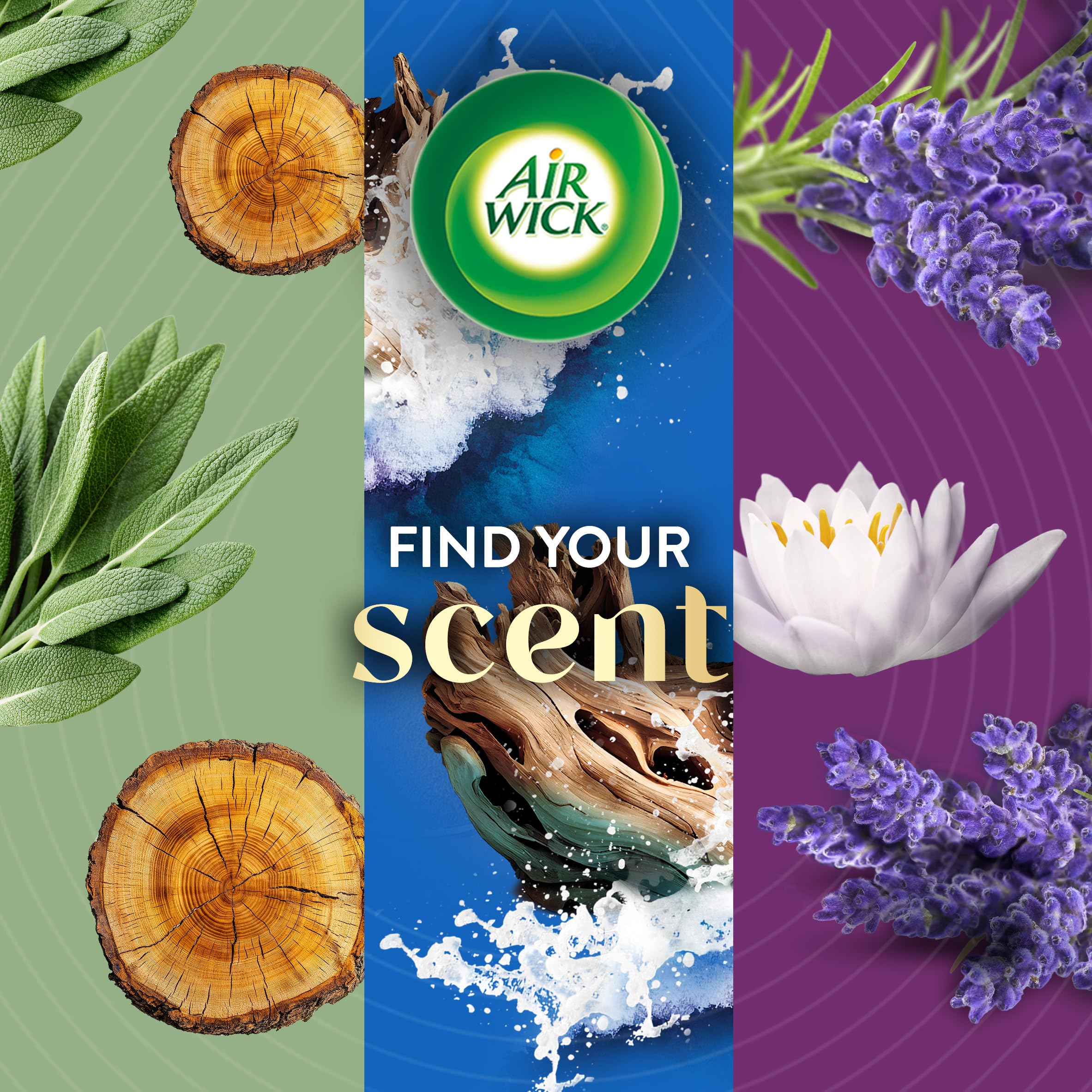 Air Wick ambiente de sala perfumada que ilustra atmósfera fresca y acogedora