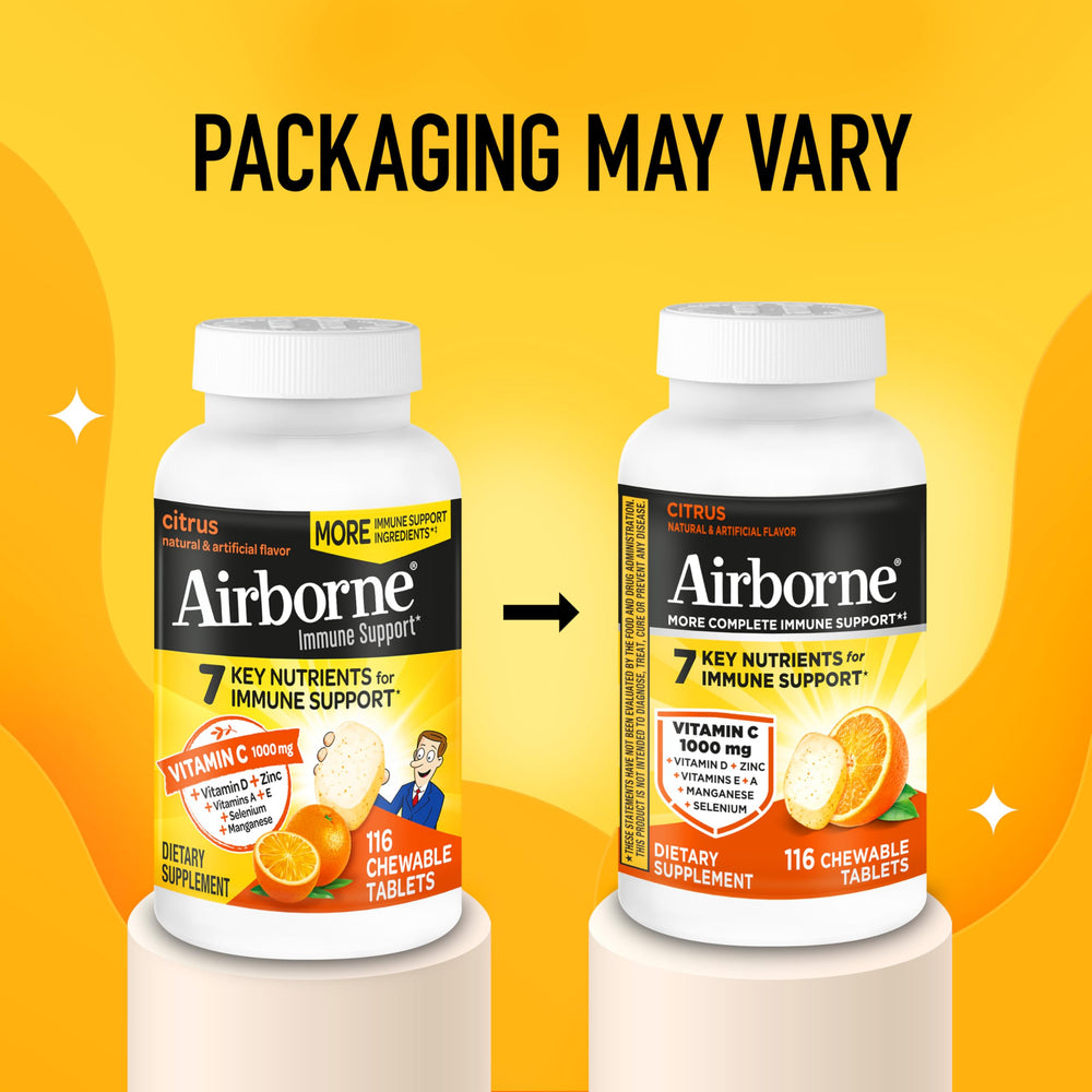 Airborne tabletas junto a frutas cítricas, sabor refrescante