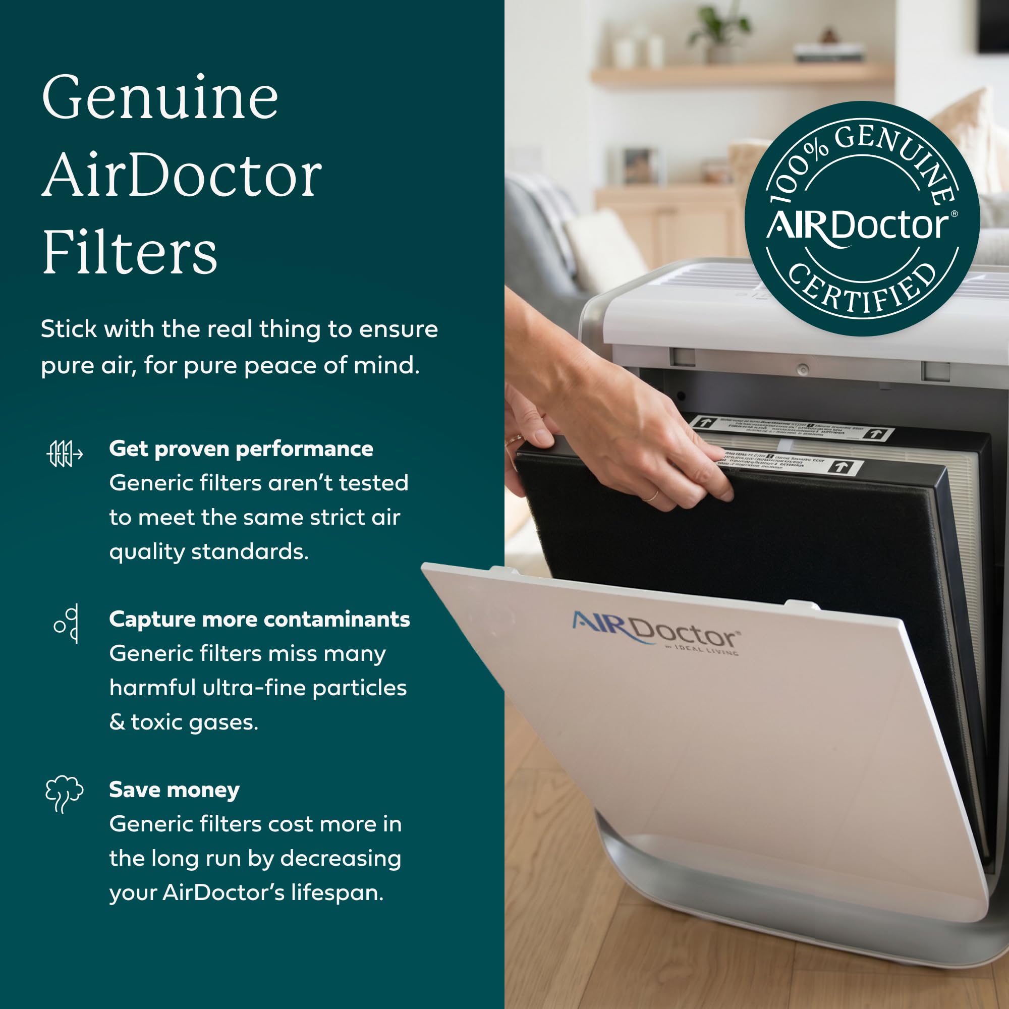 AIRDOCTOR manos instalando filtros en AD2000 demostrando fácil reemplazo
