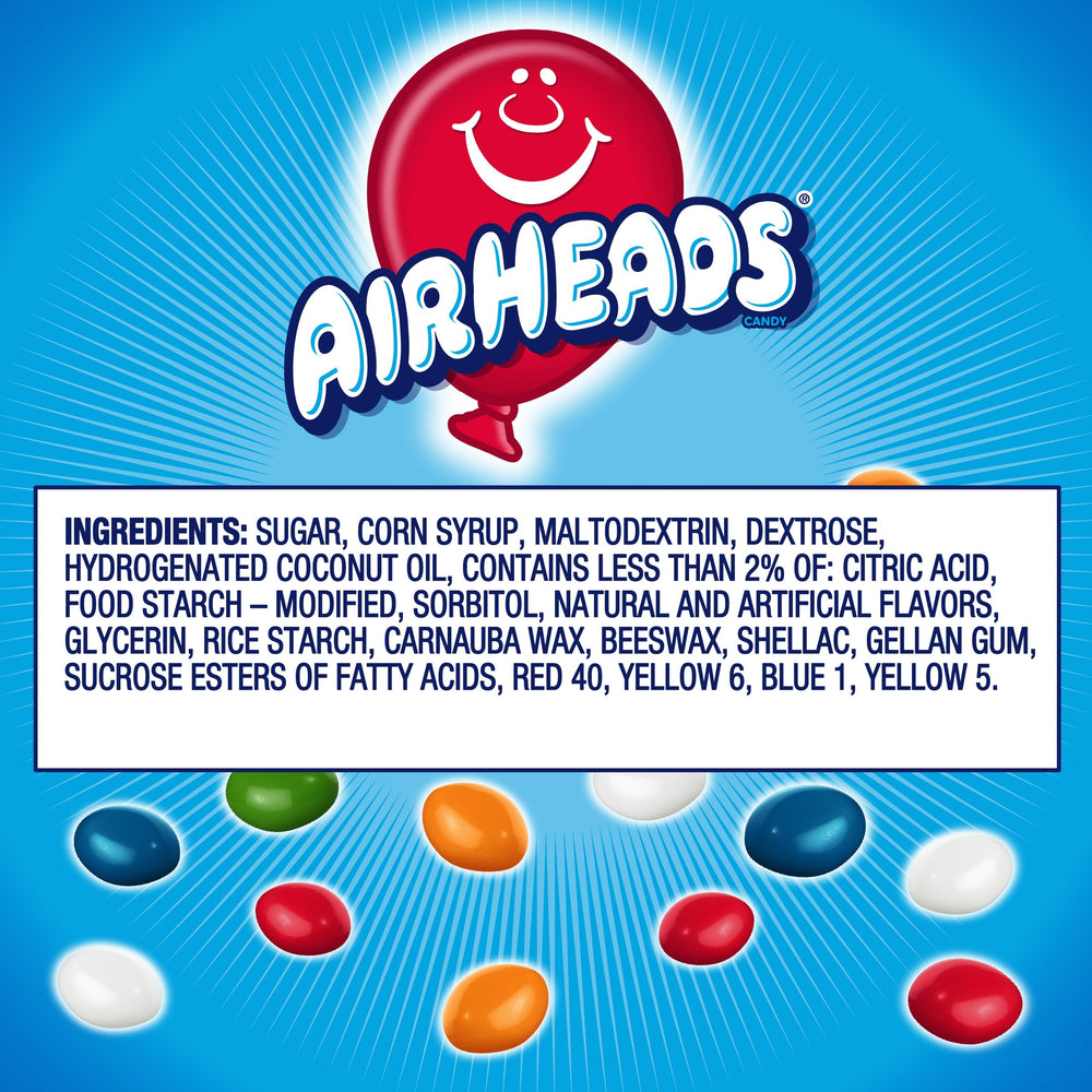 Airheads empaque trasero con información nutricional y advertencias de alérgenos