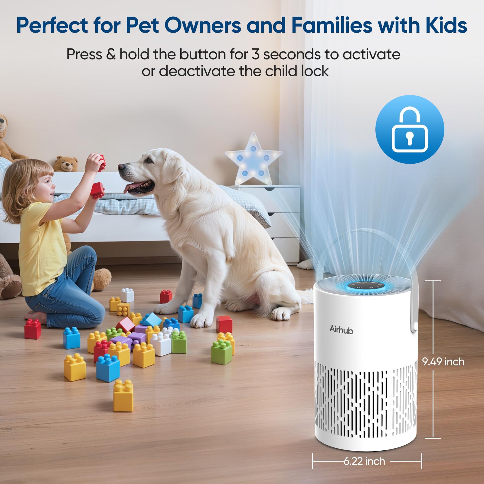 AirHub touch controls and child lock for safe easy operation