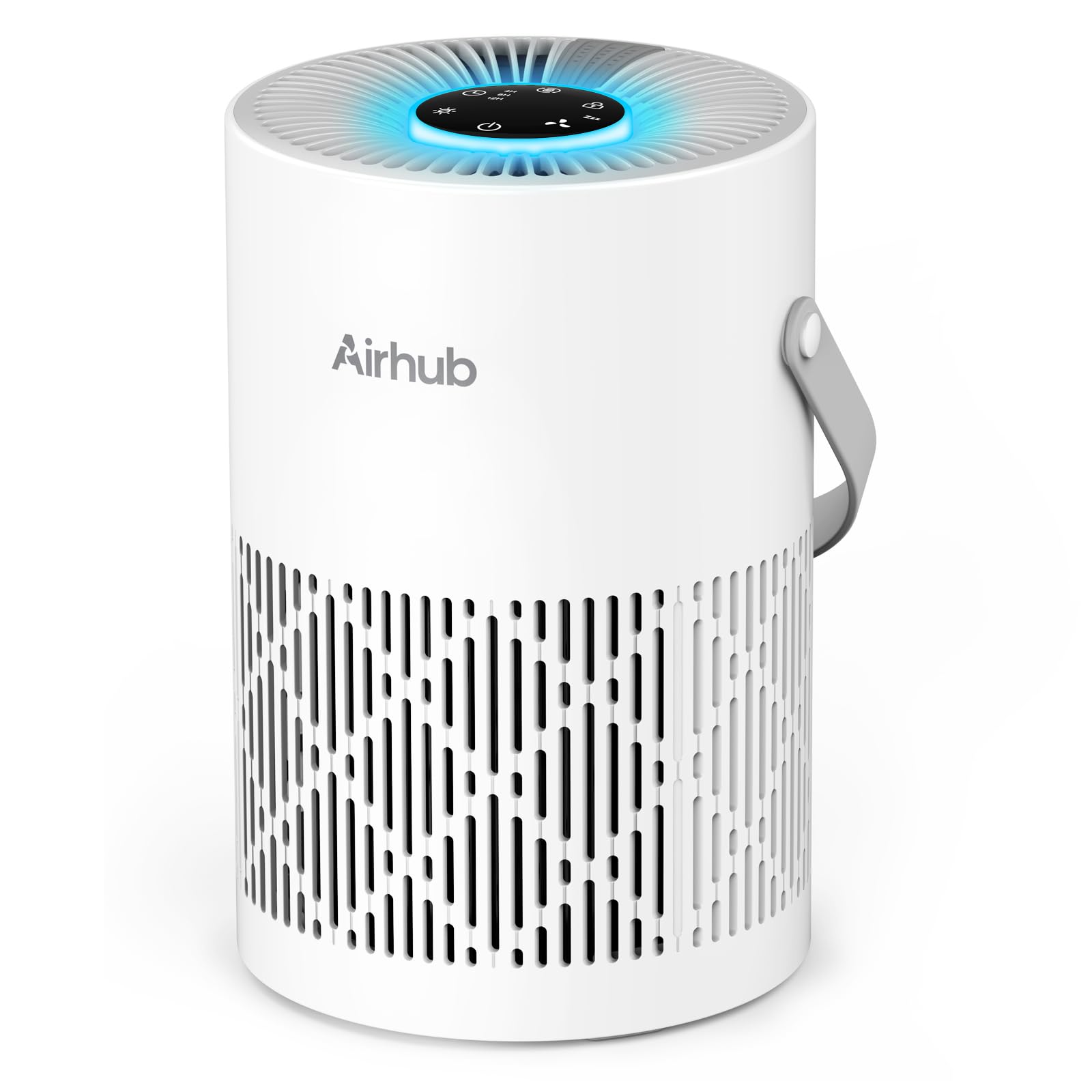 AirHub front view showing compact purifier and clean-air benefit