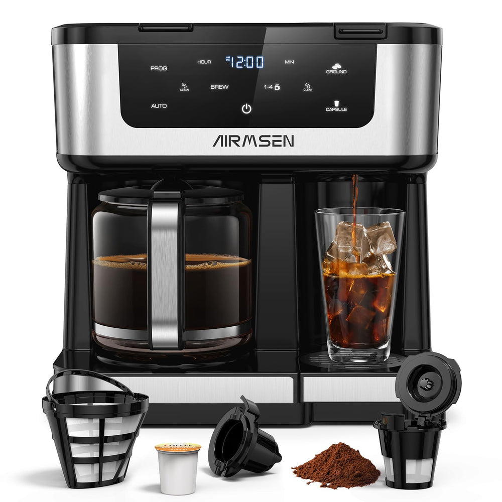 AIRMSEN vista frontal de la cafetera dual mostrando controles y diseño compacto