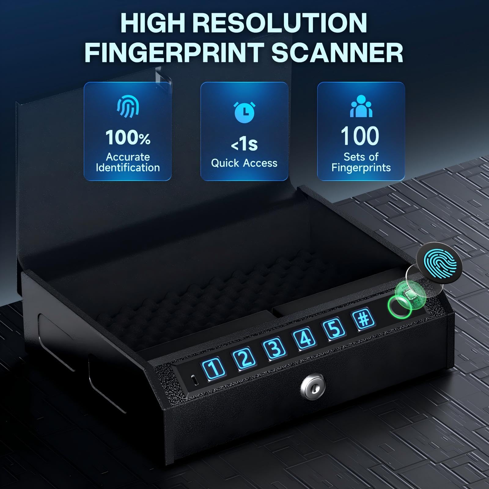 AIRMuch primer plano del sensor de huella y botones, desbloqueo biométrico ágil