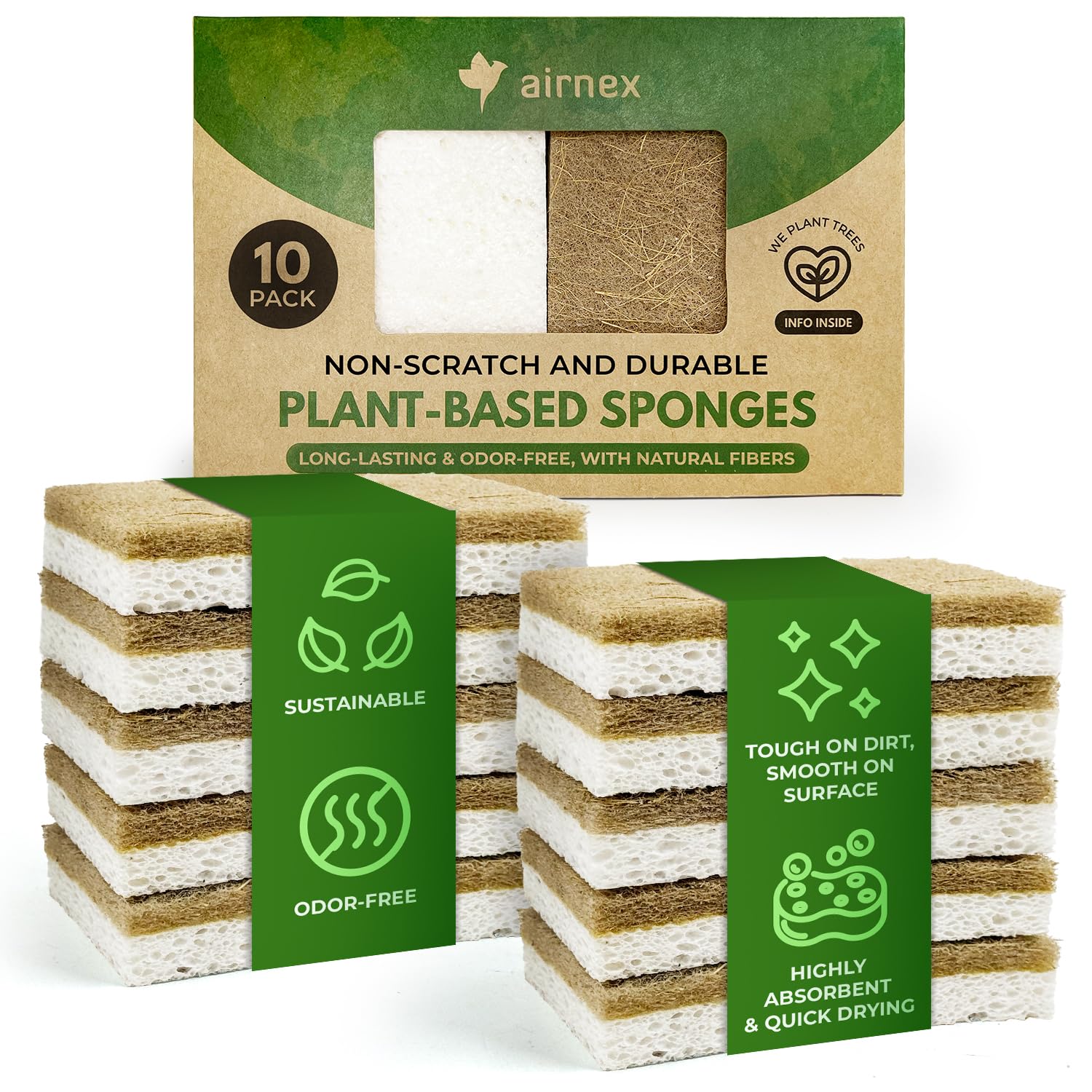 AIRNEX pack frontal mostrando 10 esponjas biodegradables y ecoamigables