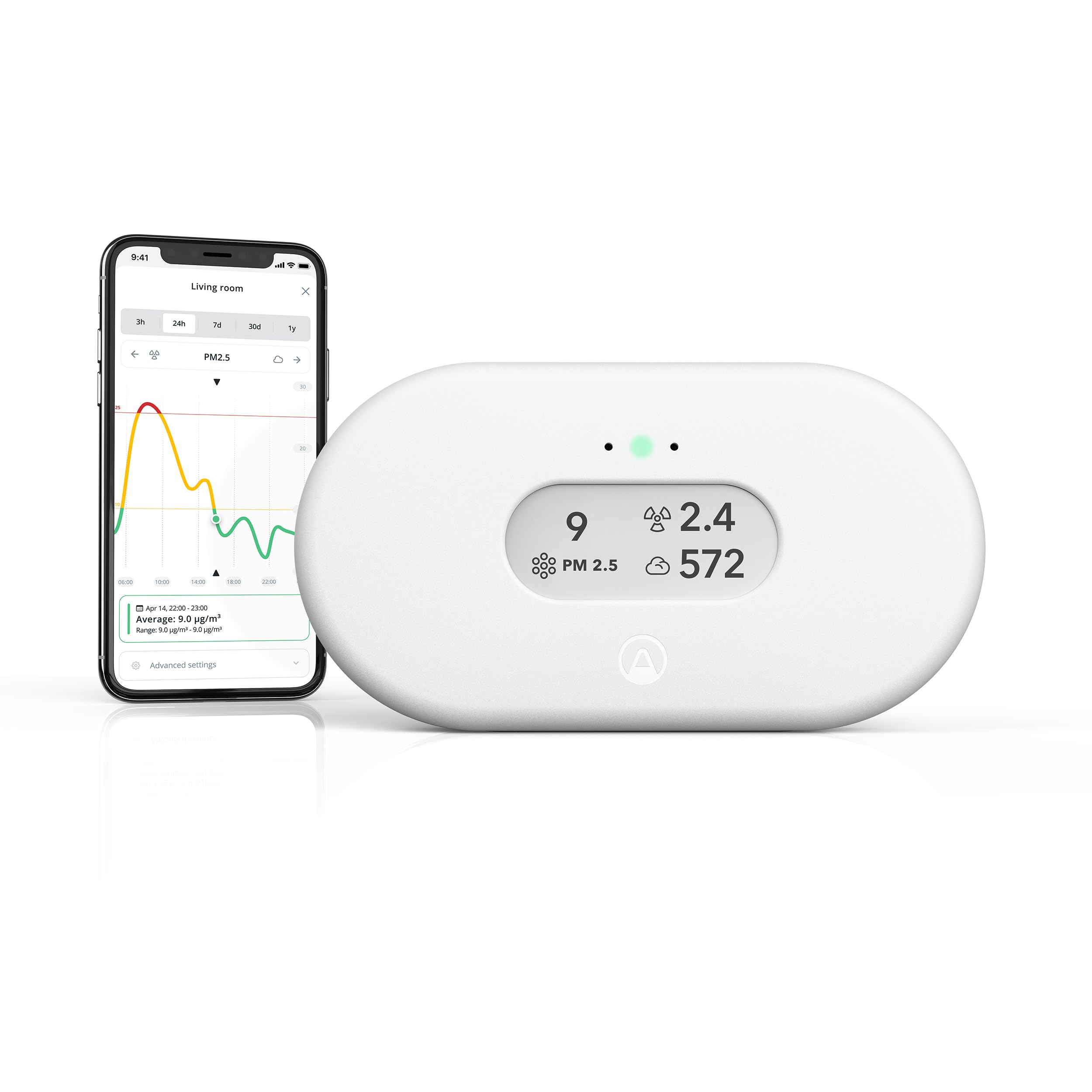 Airthings View Plus frontal mostrando la pantalla, claridad para monitoreo rápido