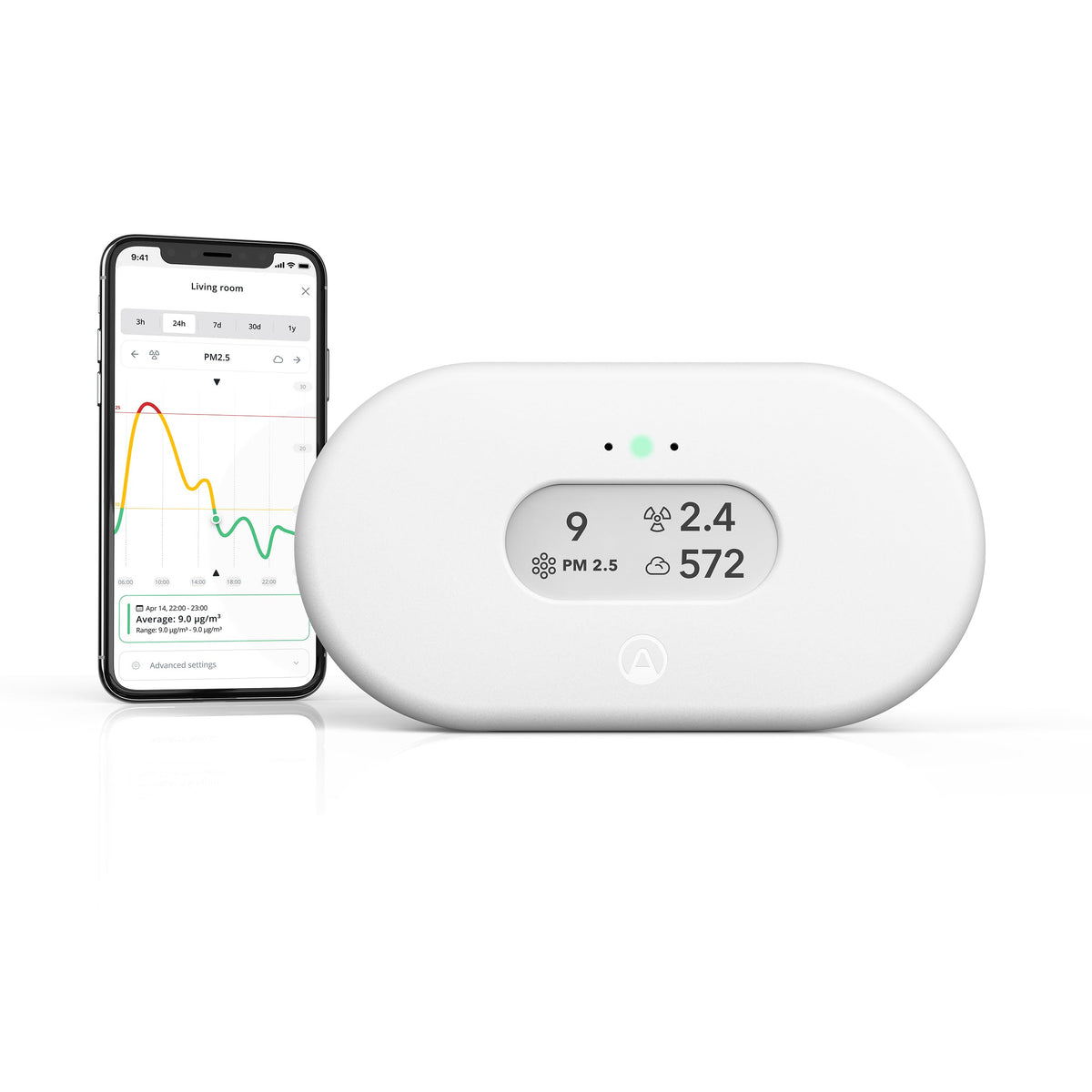 Airthings View Plus frontal mostrando la pantalla, claridad para monitoreo rápido