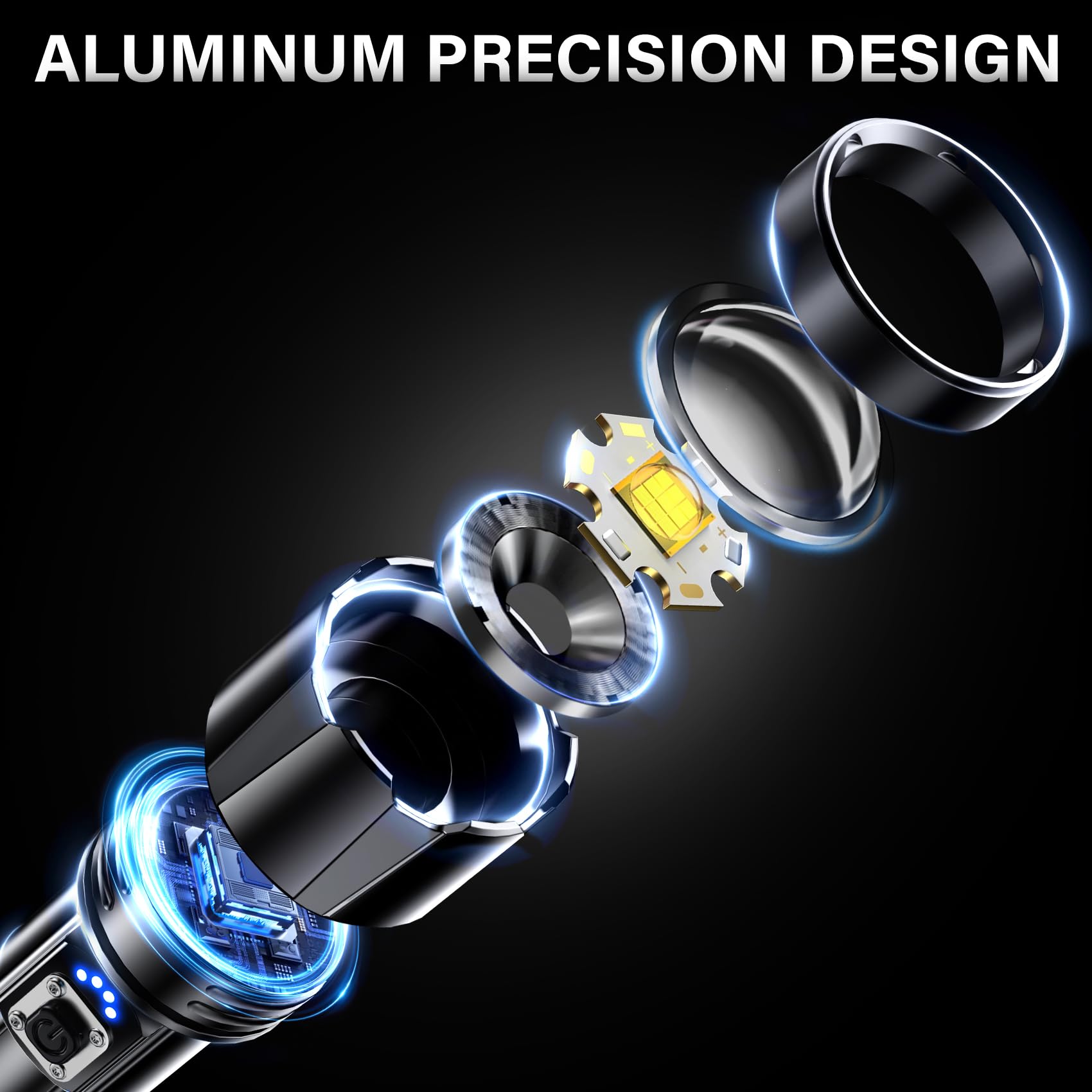 AKNEAR primer plano de LED y lente que destaca rendimiento luminoso superior