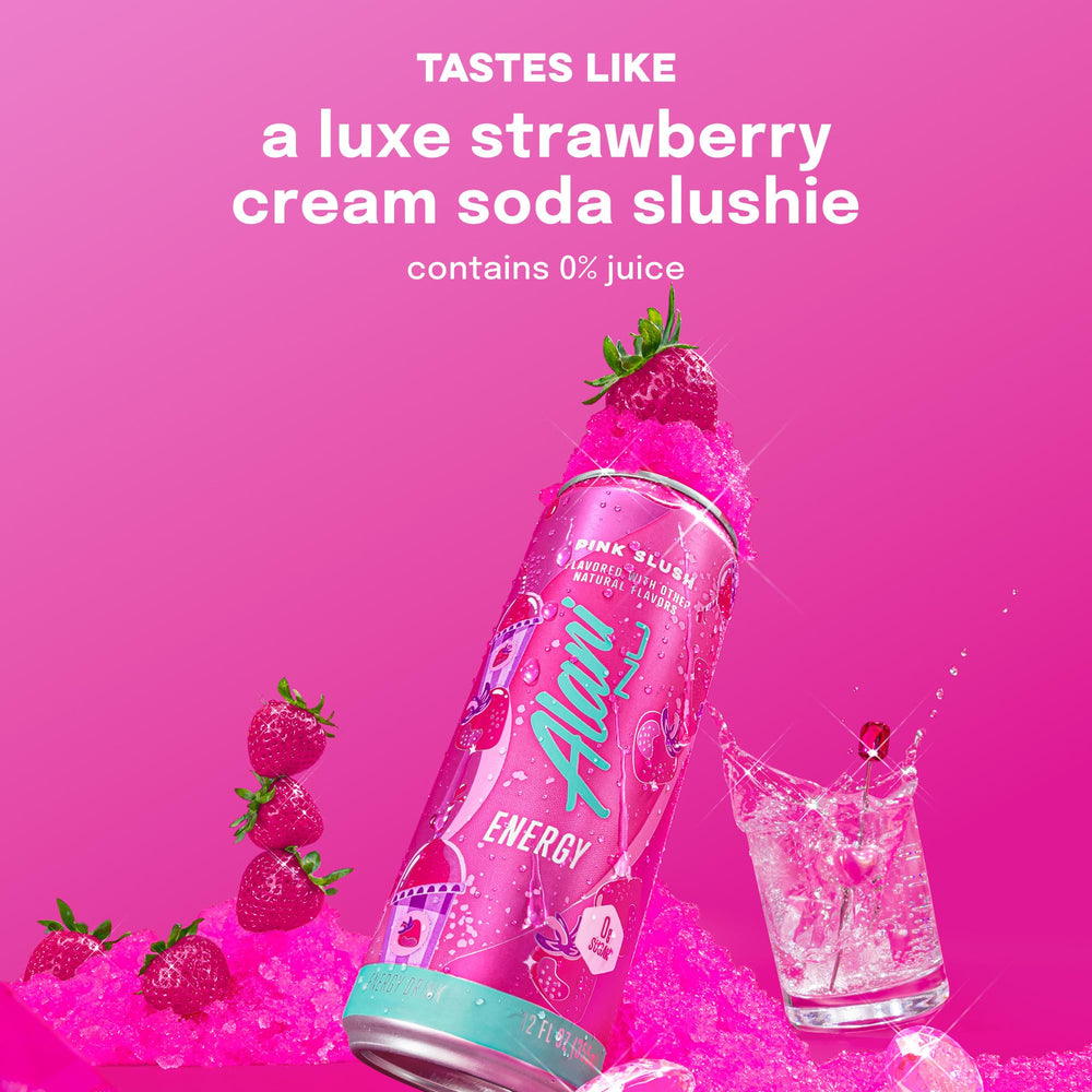 Lata de Alani Nu Pink Slush en mano para comparar tamaño y portabilidad