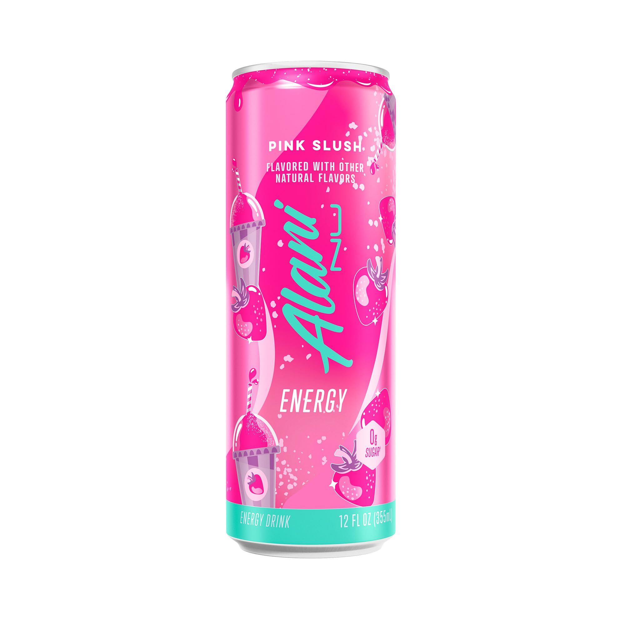 Pack de 12 latas Alani Nu Pink Slush sobre mesa, almacenamiento práctico