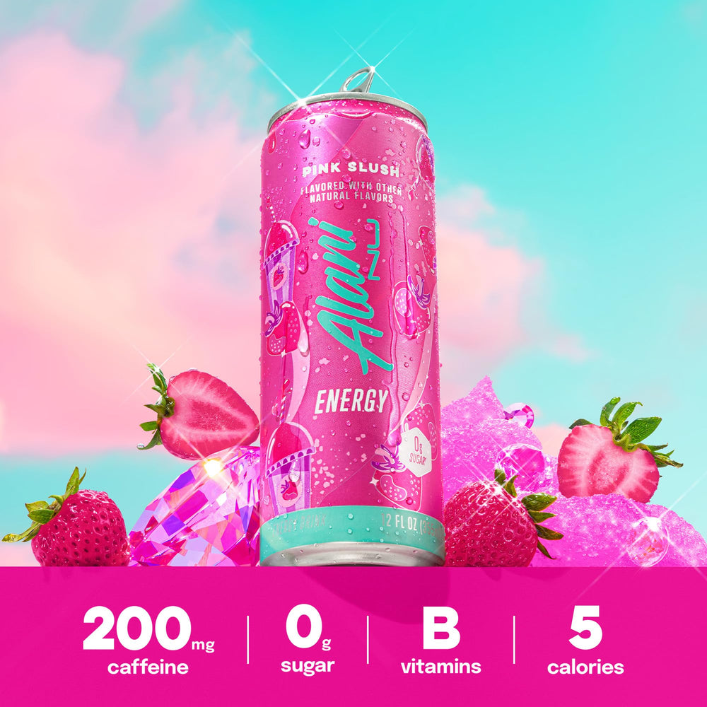Abrir y servir Alani Nu Pink Slush, imagen que muestra burbujeo ligero y frío