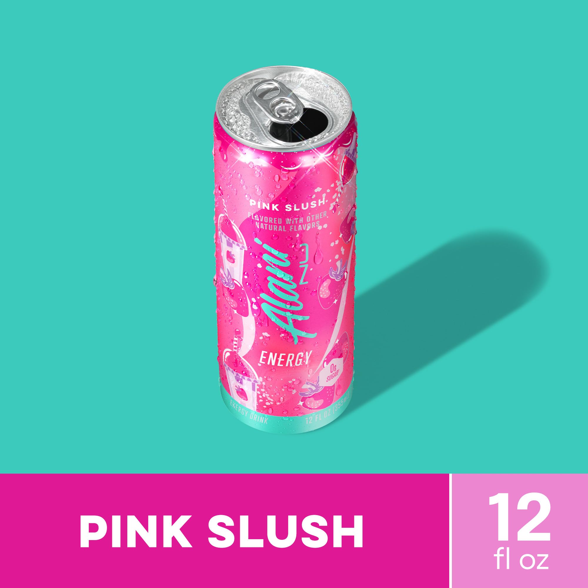 Detalle de lata Alani Nu Pink Slush mostrando diseño y sello de 200 mg cafeína
