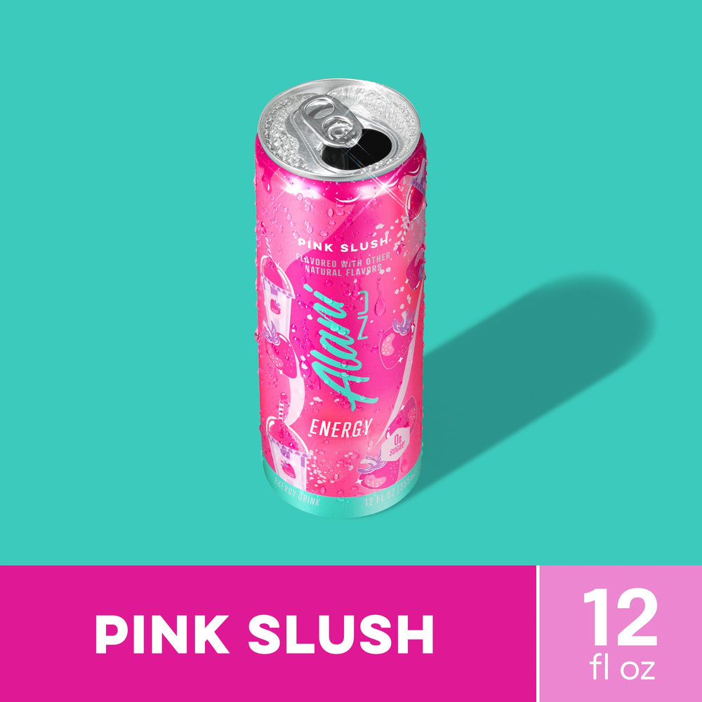 Detalle de lata Alani Nu Pink Slush mostrando diseño y sello de 200 mg cafeína