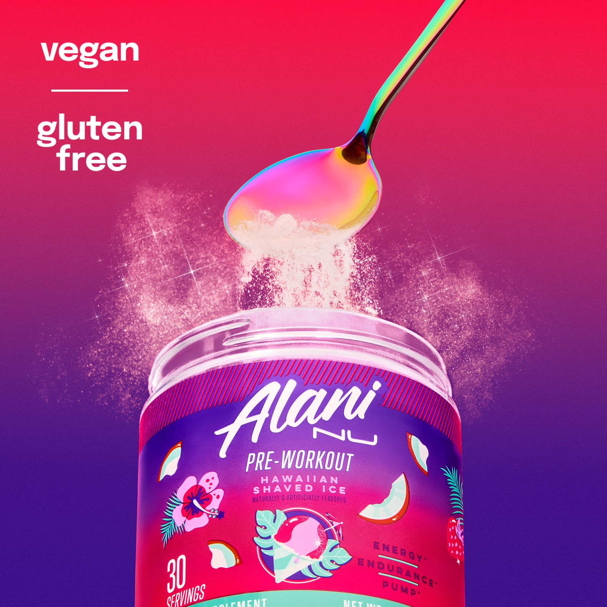 Alani Nu sabor Hawaiian Shaved ICE servido con hielo, experiencia deliciosa