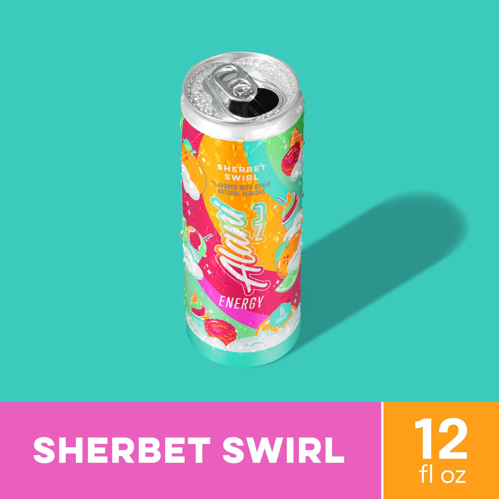 Primer plano de la textura efervescente de Alani Nu Sherbet Swirl en vaso